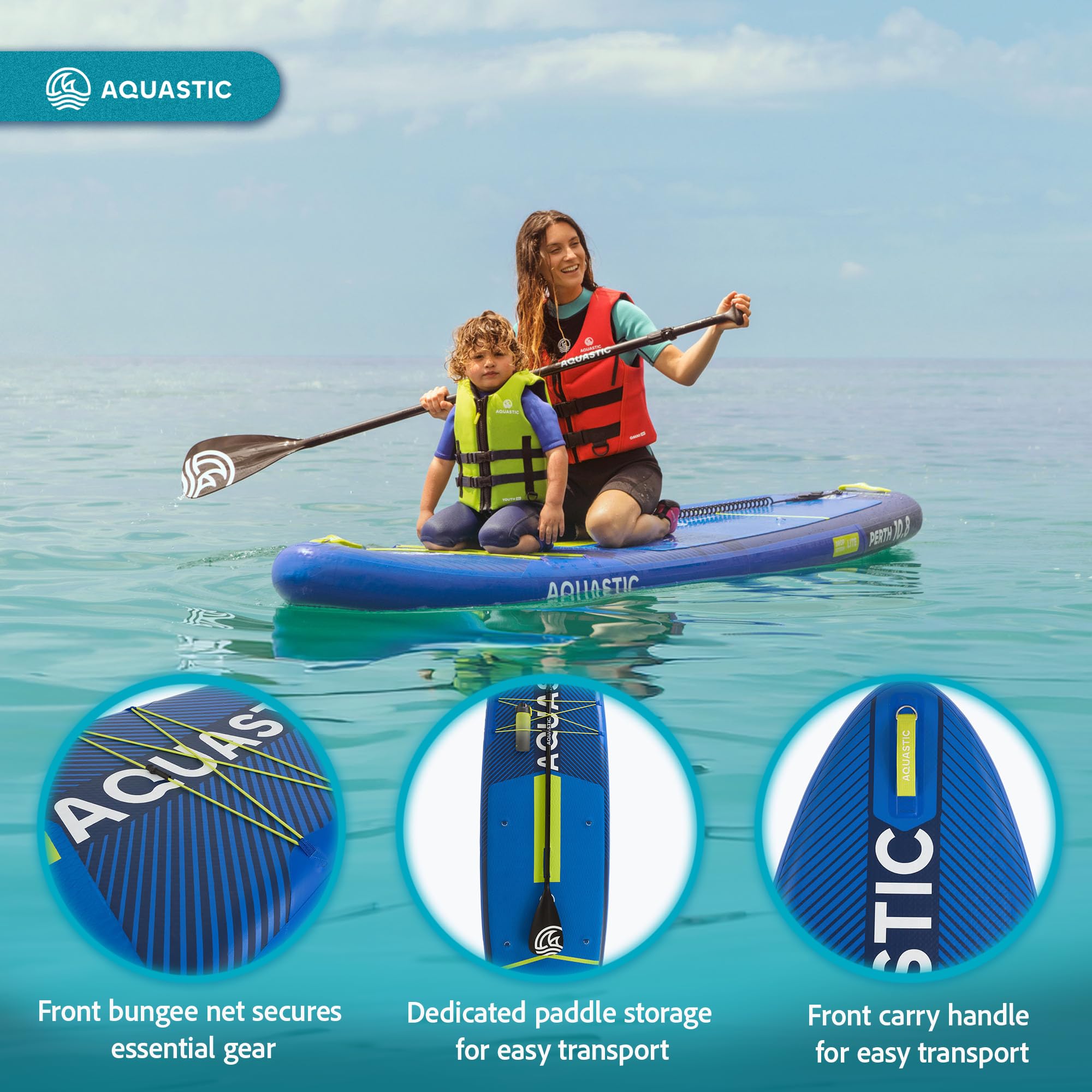 AQUASTIC Paddleboard Perth 10'8″ – zestaw SUP z plecakiem 42 × 23 × 92 cm, 3 uchwytami, siedziskiem kajakowym, 3 mm pianki EVA, balastem 9", 300 cm leash i zestawem naprawczym