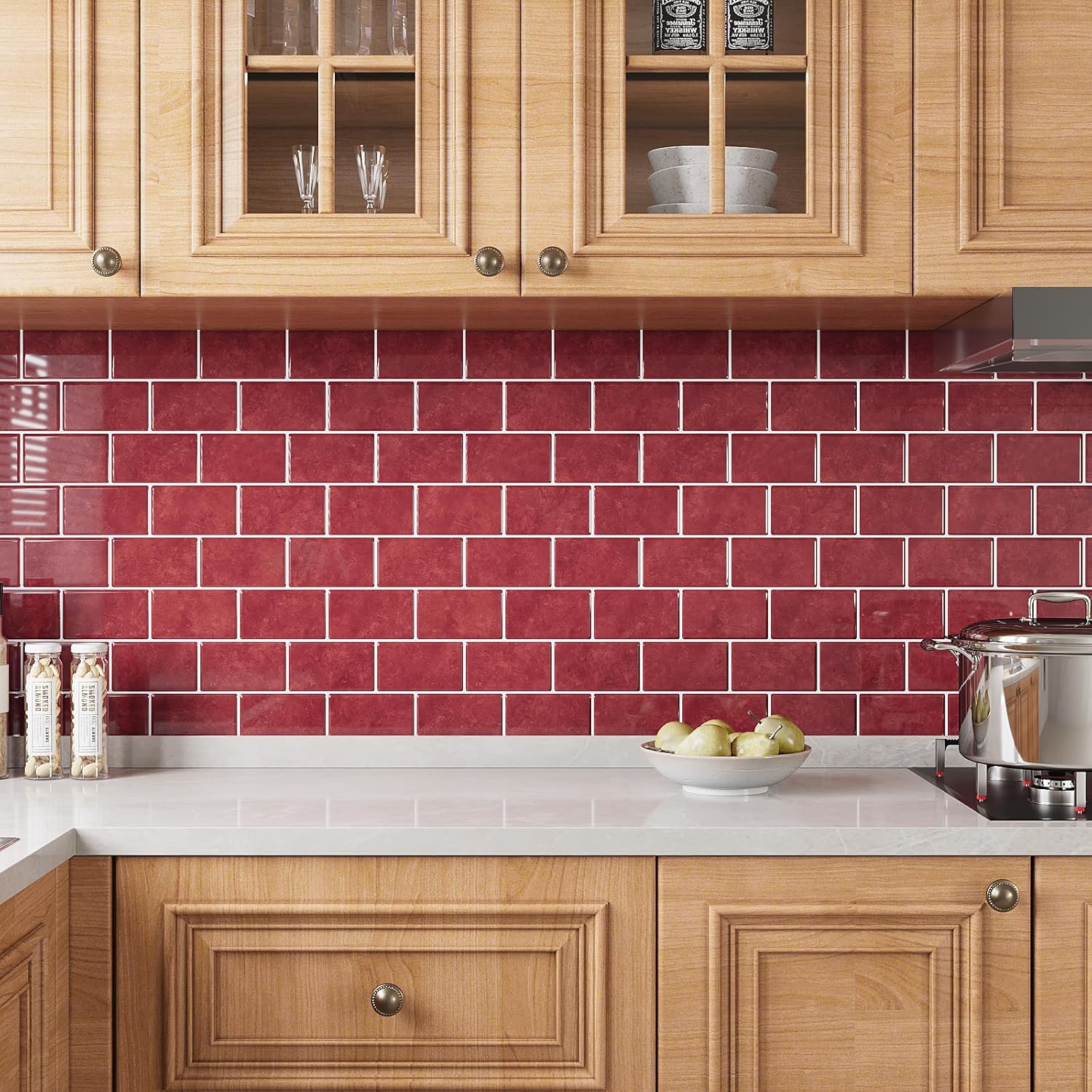 VEELIKE 12 Sheet Retro Red Peel and Stick Backsplash for Kitchen Subway Tile Backsplash Peel and Stick for Kitchen Wall Bathroom Waterproof Removable Red Ceramic Tile Sticker for Backsplash 12''x12''