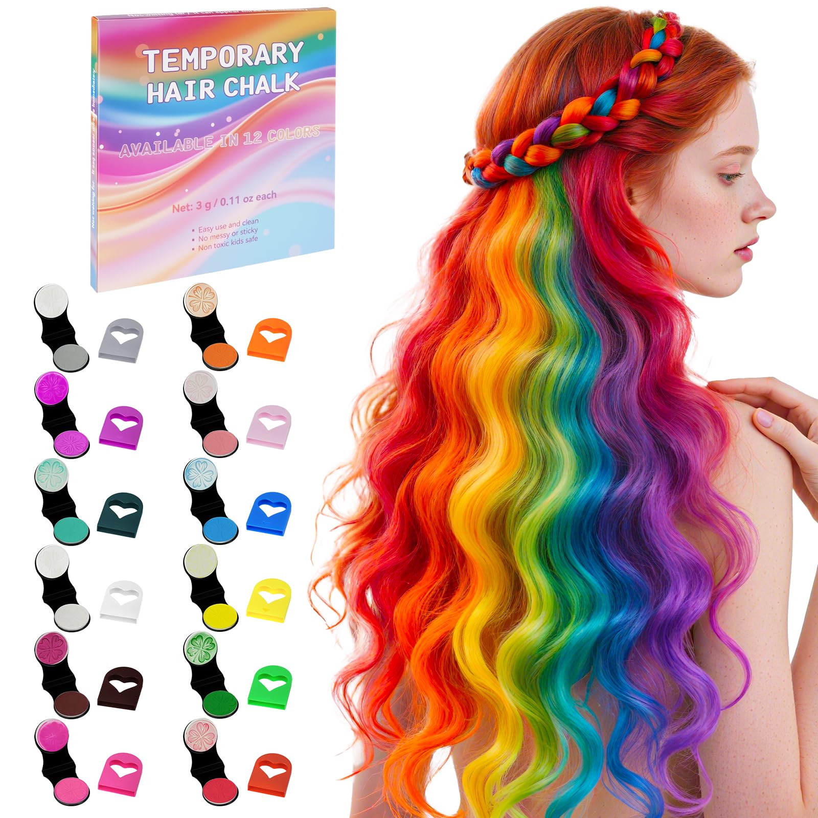 Gessetti Colorati per capelli, 12 Lavabile Lacca Colorata per Capelli, Colore Capell Temporaneo, per Capelli per Adulti Bambino, Feste, Carnevale, Halloween, Natale e Cosplay DIY