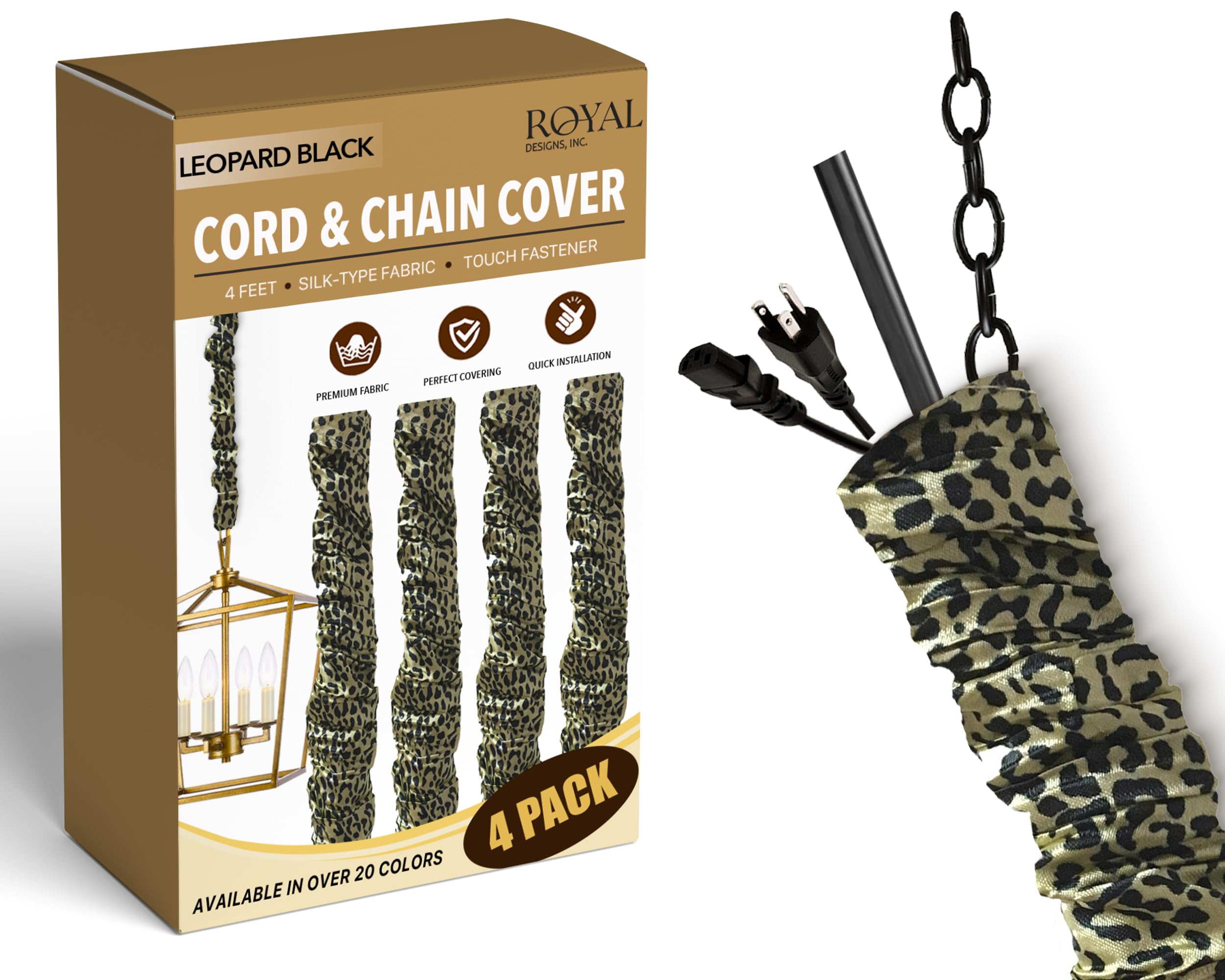 Royal Designs, Inc. Cord &amp; Chain Cover 4 ft Silk Type Fabric, Chandelier Pendant Lighting Chain &amp; Cable Management, Touch Fastener, Leopard Black - 4 Pack