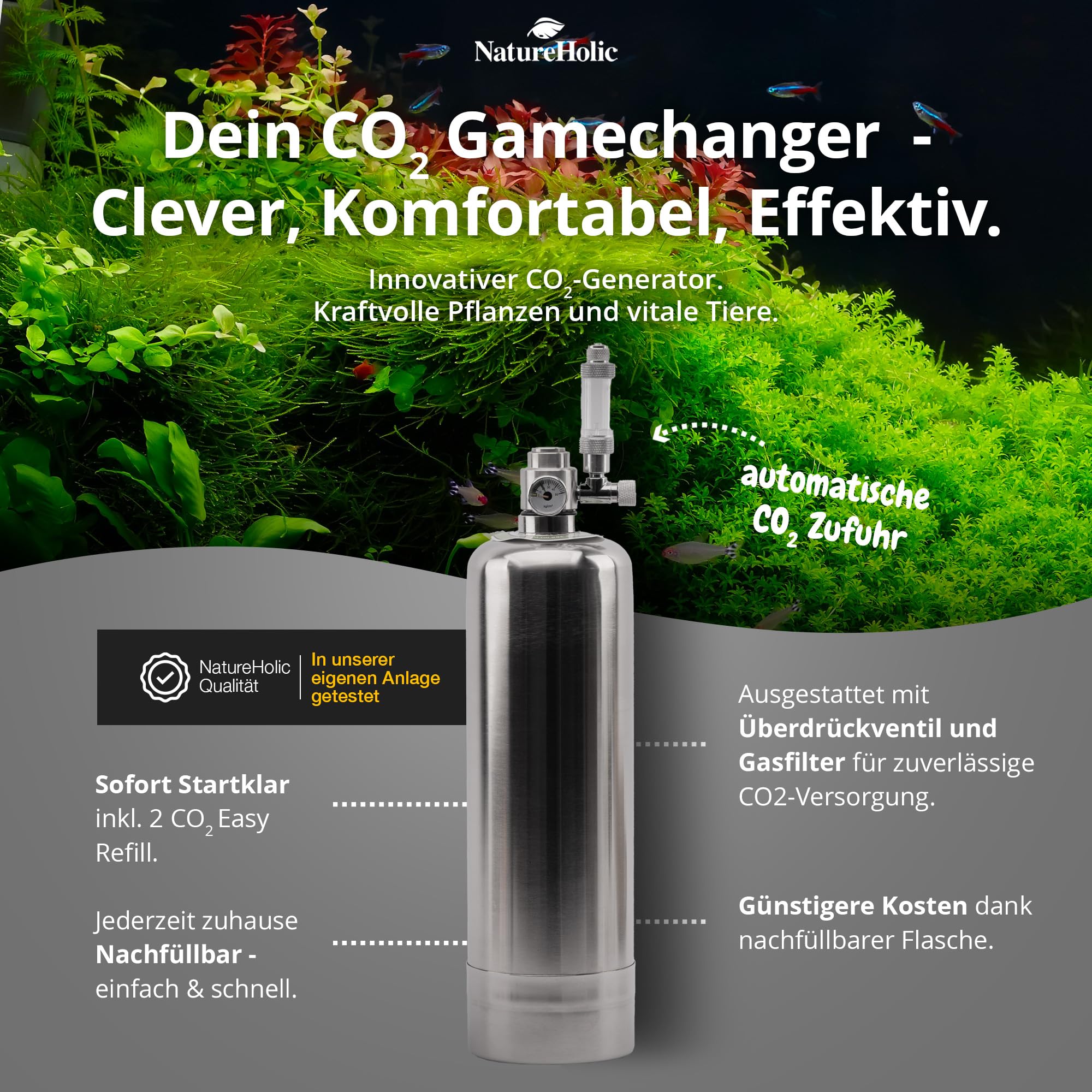 NatureHolic - Generador de CO2 I Nueva planta de CO2 I Bien ajustable y ajustable I Basado en ácido cítrico I Fácil de rellenar I 1 litro