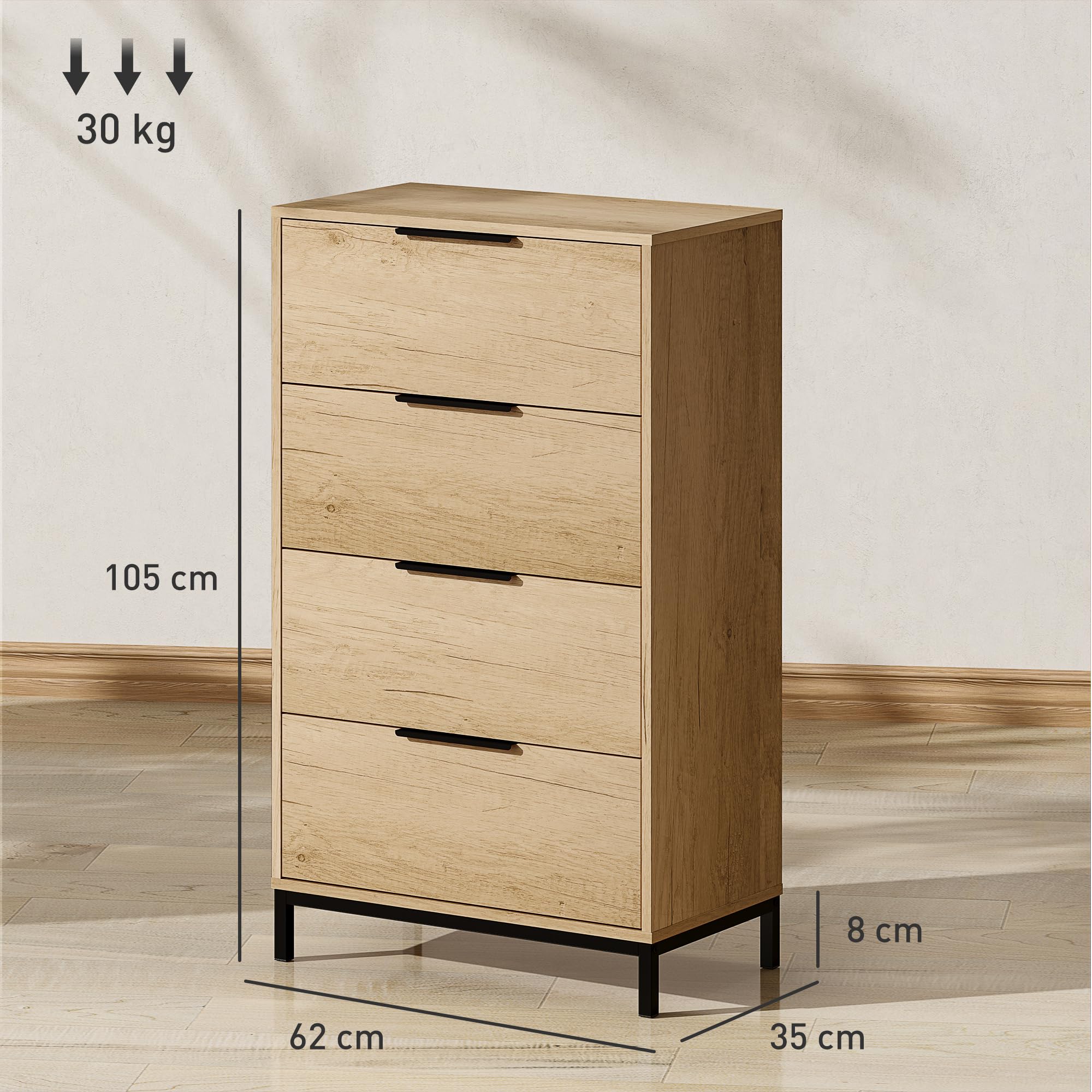 HOMCOM Cómoda de 4 Cajones Alta con Tiradores Metálicos Cómoda para Dormitorio Cajonera Estrecha para Pasillo y Salón 62x35x105 cm Natural