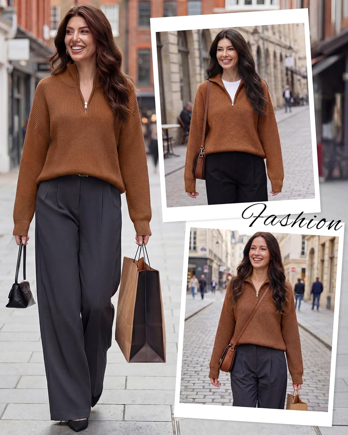 Women Quarter Zip Sweater Oversized Collared Ribbed Knit Pullover Long Sleeve V Neck Casual Jumper Fall Fashion Top - Image 2