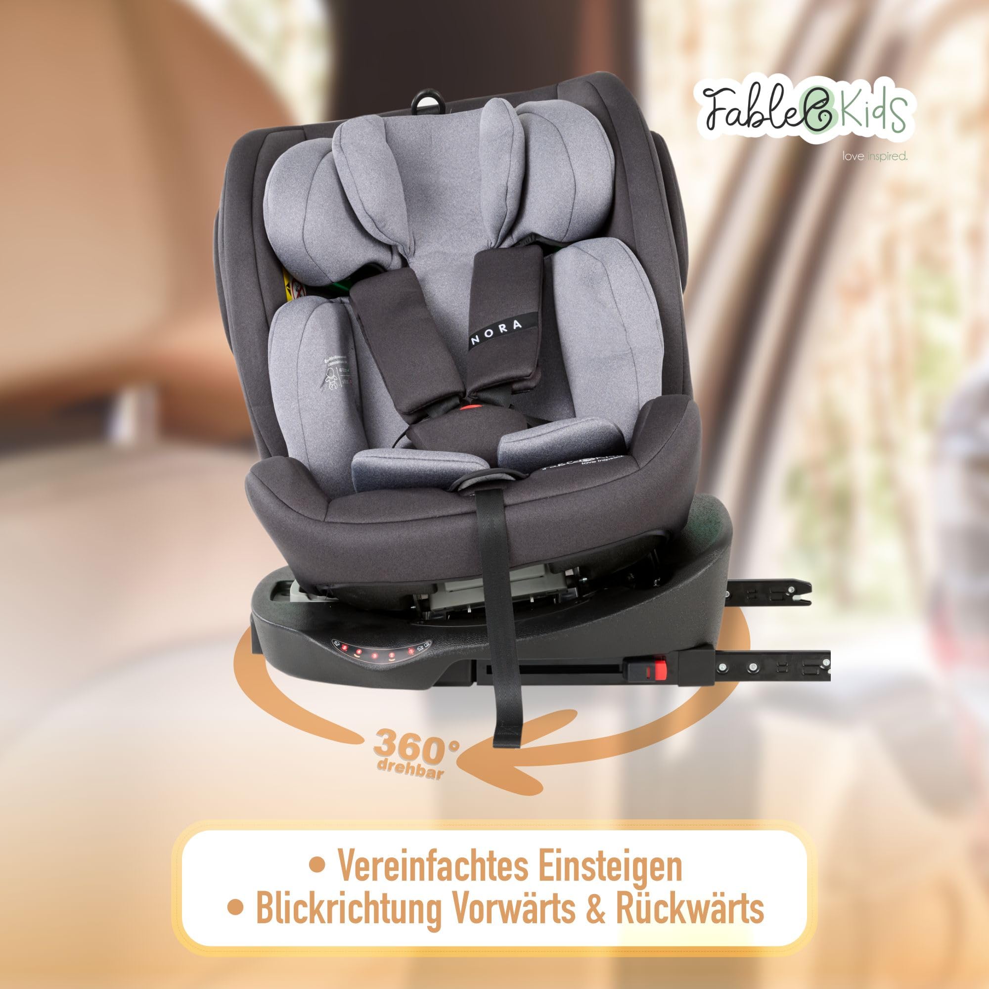 FableKids NORA Kindersitz Grau | 360° drehbarer i-Size Autokindersitz 40–150 cm | Reboarder mit ISOFIX & Stützbein | höhenverstellbare Kopfstütze & Rückenlehne | ECE R129/04 zertifiziert