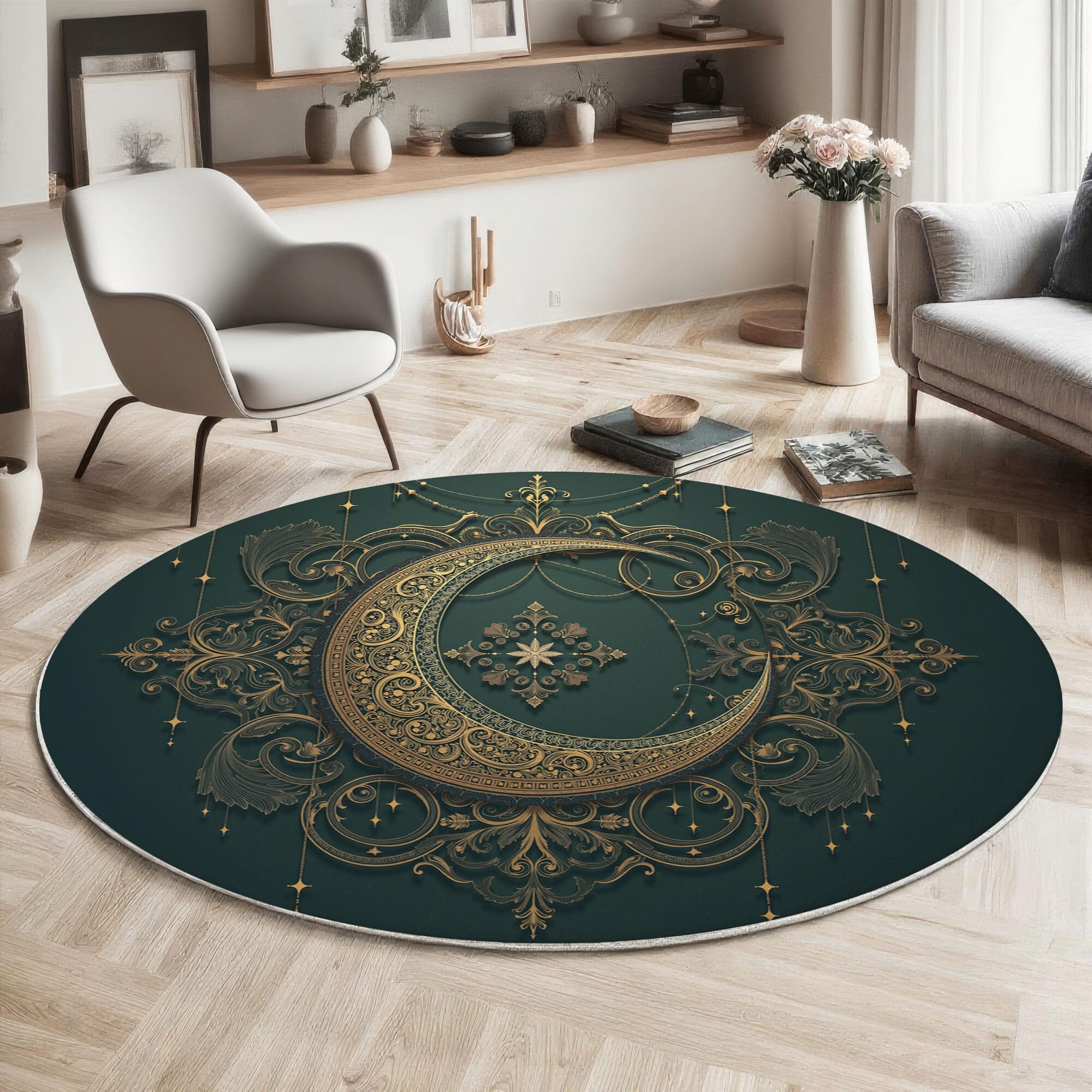 Tapis de Salon Rond, Motif Art Décoratif En Filigrane De Croissant De Lune Tapis Antidérapant Doux Moelleux pour Décoration Salle à Manger Canapé ou Chambre d'enfant (Vert foncé, Diamètre 200cm )