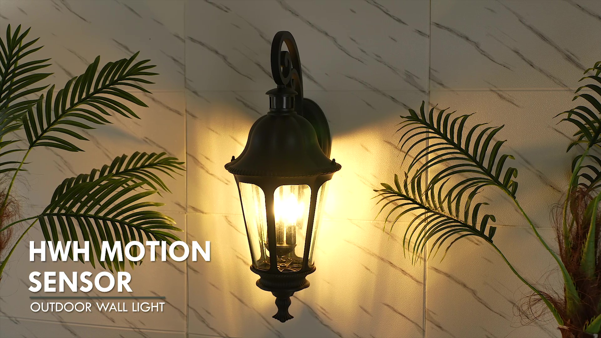 Image of Motion Sensor Outdoor Light Wall Mount, HWH Dusk to Dawn Exterior Light Fixture with Seeded Glass, Matte Black Finish, Waterproof Outside Wall Light for House, 5HW90B-L-SE BK