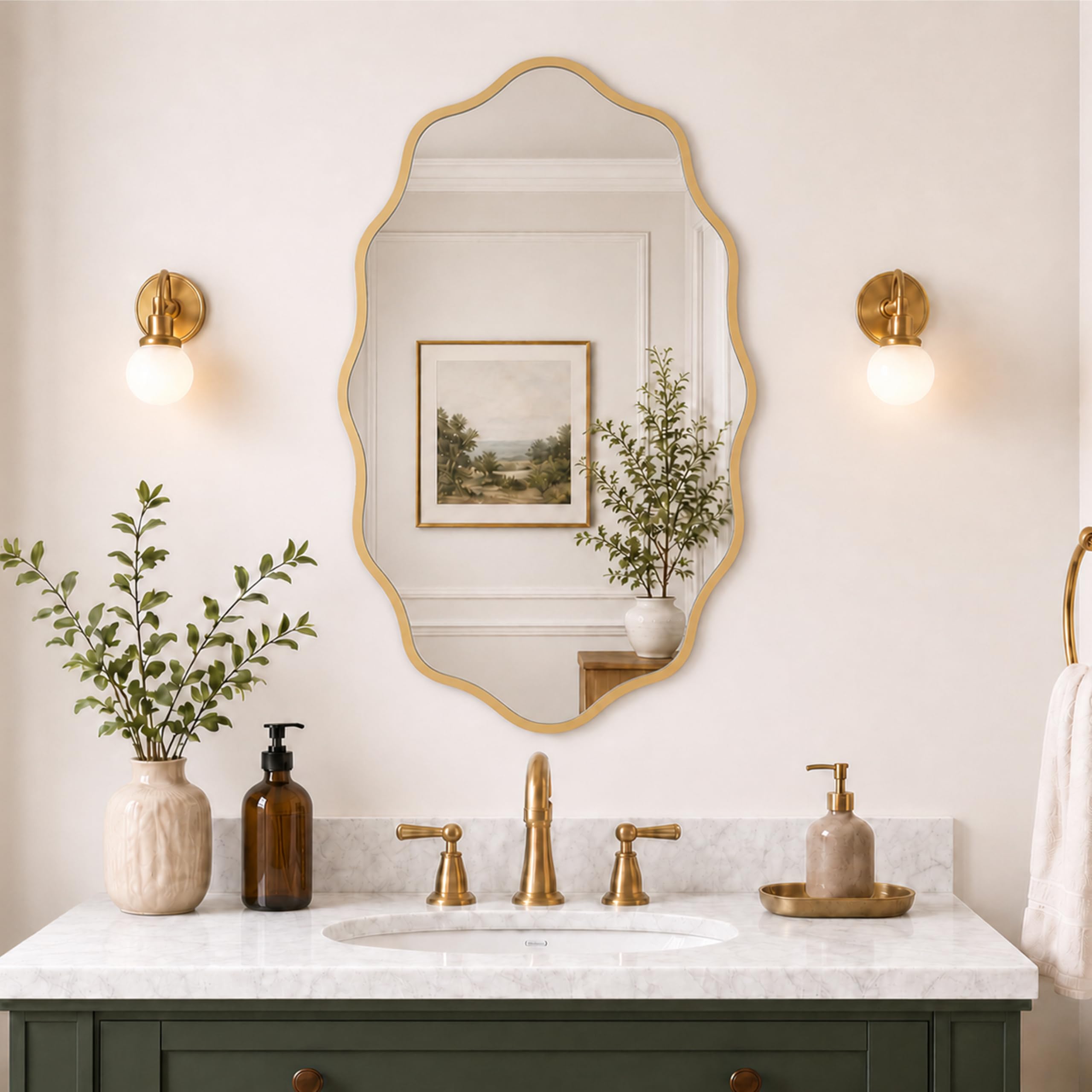 Perfnique Gold Wall Mirror, 76 Cm X 45 Cm Wavy Wood Framed For Bathroom Nursery Bedroom Living Room Entryway, Decorative Modern Wall Decor (, 76 Cm X 45 Cm)