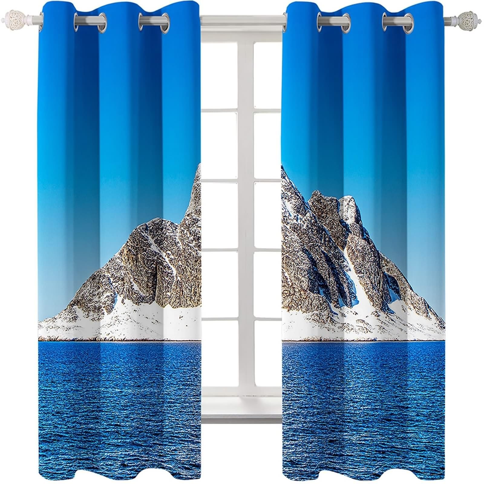 Verdunklungsvorhänge Wohnzimmer, Gardine Verdunkelung Blau Grau Weiß Blauer Himmel, Berge und See Polyester 2er Set 488x214cm