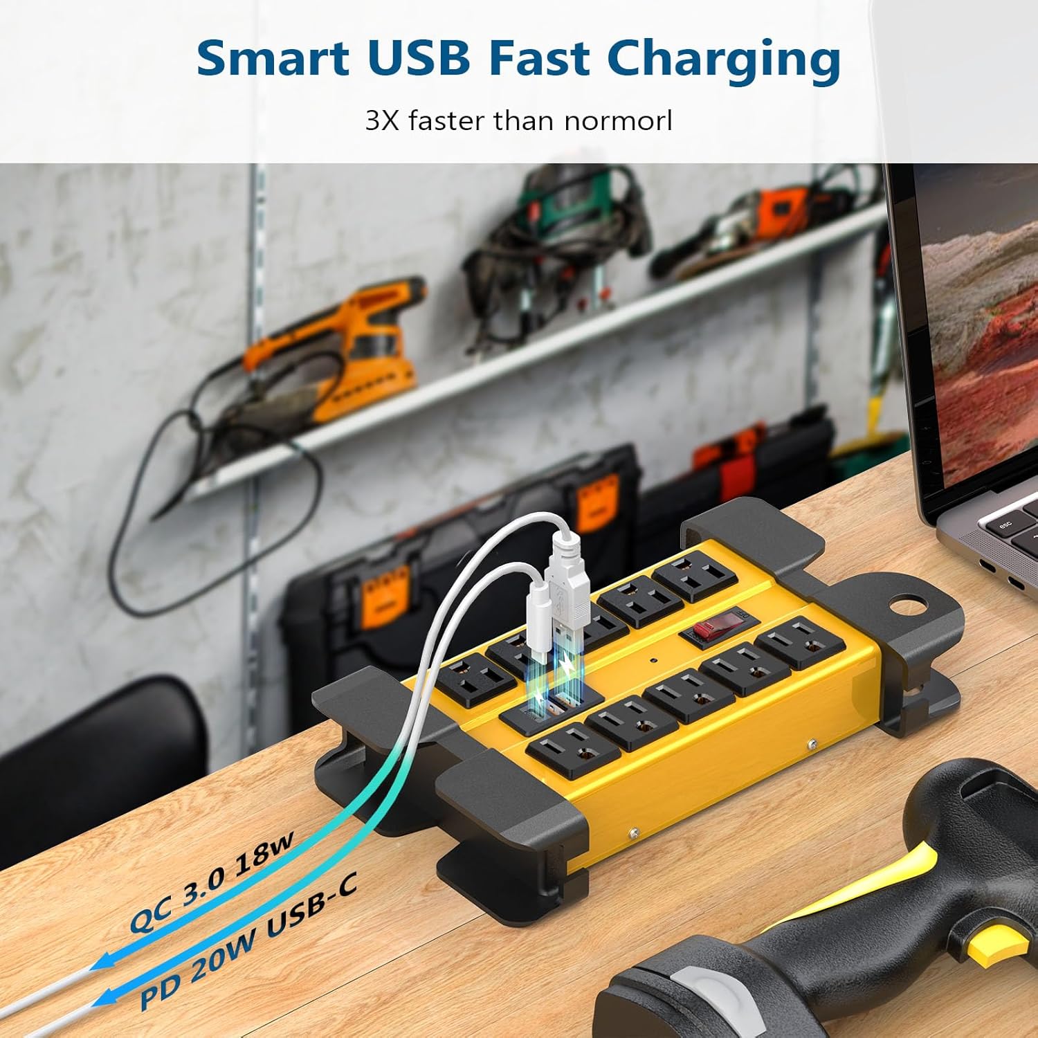 10 Outlet Power Strip Surge Protector, 1200J Surge Protection Heavy Duty Power Strip with USB Fast Charging, 15A/1875W Garden Yard Power Strips with Switch, 14AWG 6FT Extension Cord