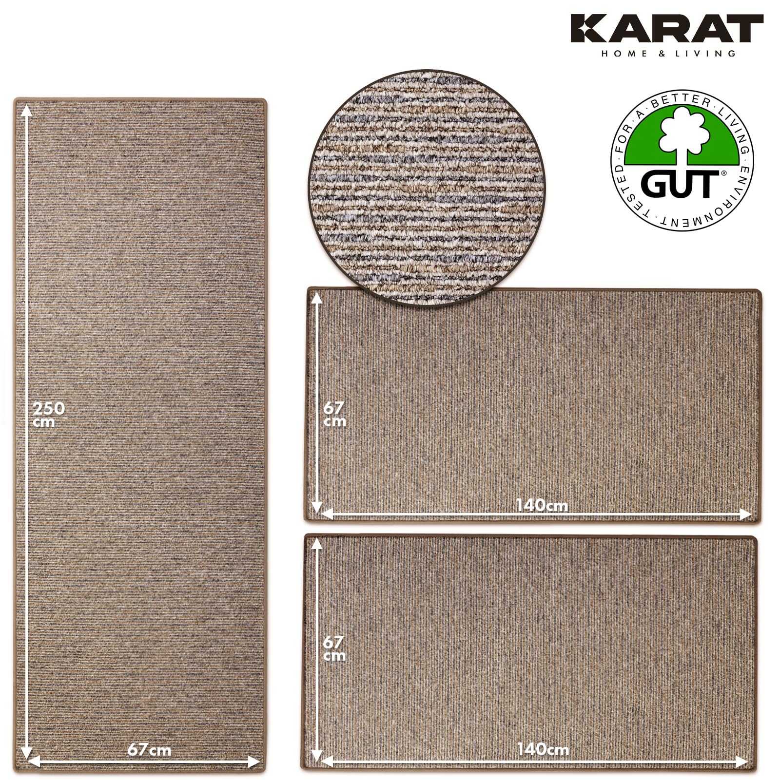 Karat Tappeto per Letto - Set di 3 Pezzi - Moderna Cornice per Letto in Marrone - Tappeto per Camera da Letto e Soggiorno - Soffice Tappeto Ginevra (L: 67 cm | L: 1 x 250 cm + 2 x 140 cm)