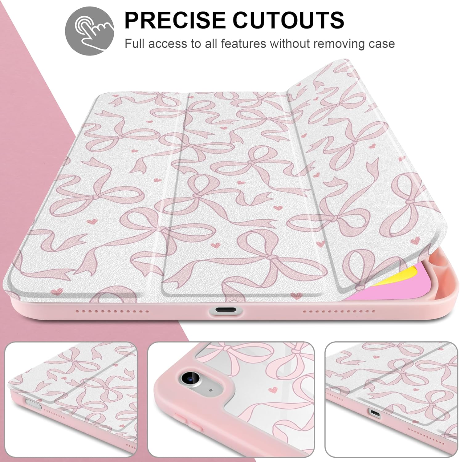 TWOLSKOO for iPad 11th & 10th Gen Case with Pencil Holder, Trifold Stand, Auto Sleep/Wake, Clear Acrylic Back with TPU Bumper, for iPad 11-inch (2025, A16 Chip) & 10.9-inch (2022), Pink Bows