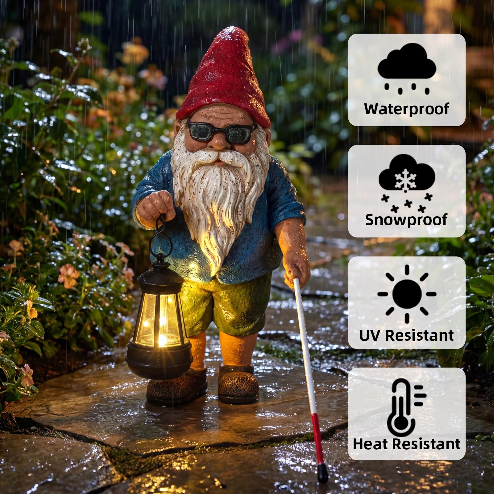 Solar Garden Gnome Outdoor Statue, 10.2 inches Blind Man Gnome with Lantern view 4