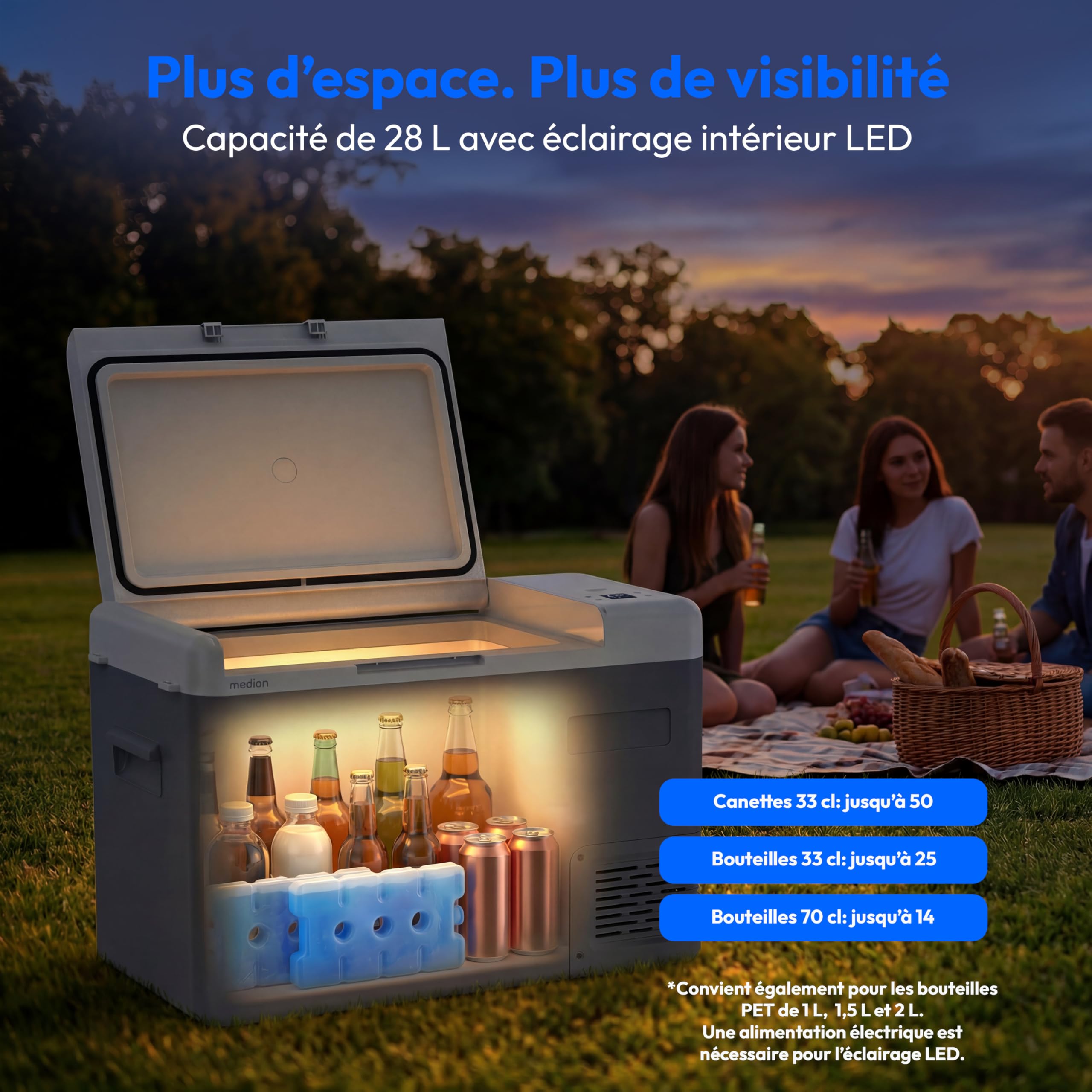 MEDION Glacière à compresseur portable 28 L, électrique mini réfrigérateur, 12 V 24 V 230 V adaptateur voiture camion camping bateau festival, MD370027