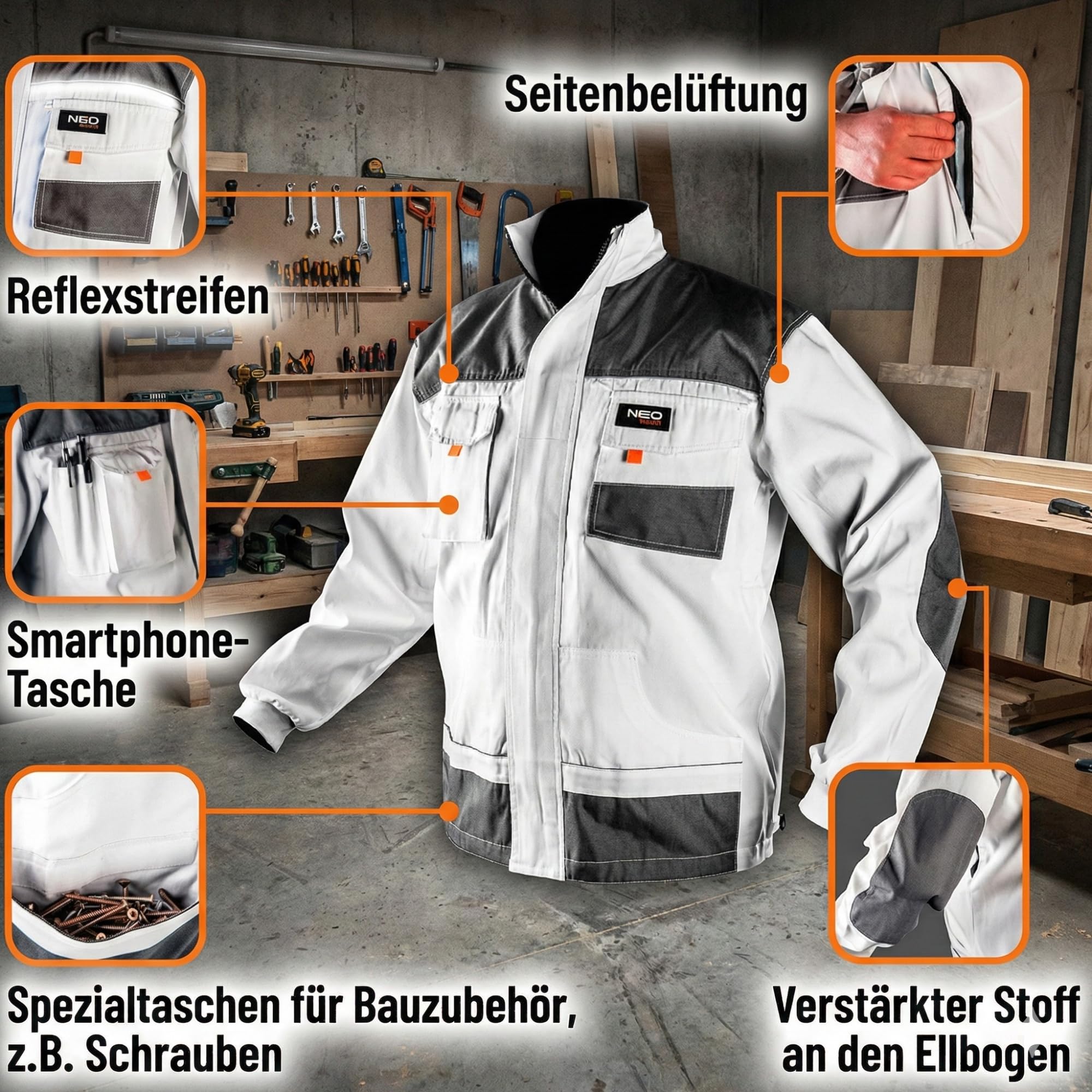 NEO TOOLS Profi Arbeitshose/Profi Set (Hose, Jacke, Knieschutzpolster) weiß | Sicherheitshose Arbeitskleidung Berufsbekleidung Bundhose Malerhose Hose S-XXL