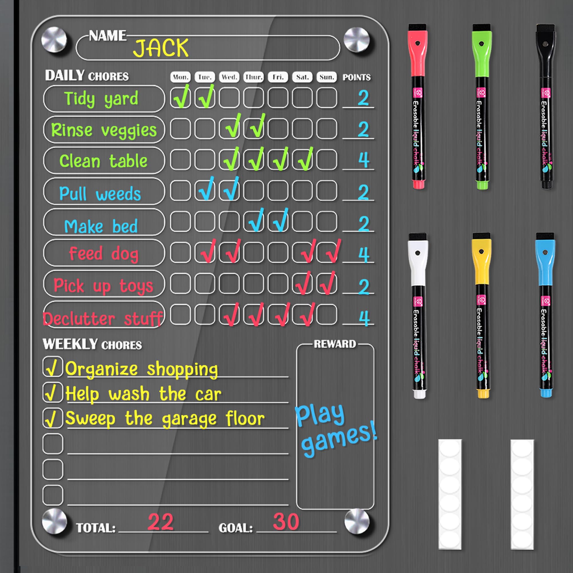 BIROYAL Acrylic Magnetic Chore Chart for Kids Multiple Kids, Behavior Responsibility Chart, Chores Chart for Kid Teens, Weekly Dry Erase Board for Kid