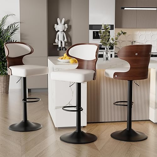 Juego de 3 taburetes de bar giratorios de altura ajustable, de piel sintética, tapizados de madera curvada, con respaldo y reposapiés, silla de bar