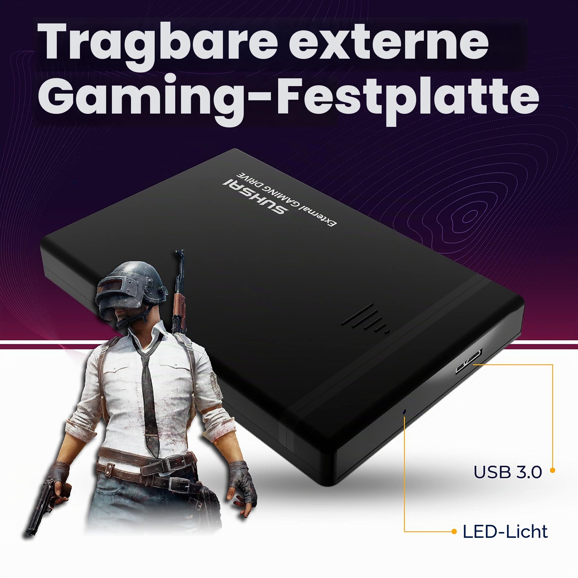 Storite SUHSAI Externe Gaming-Festplatte, tragbares USB 3.0-Laufwerk, 2,5-Zoll-Hochgeschwindigkeitsfestplatte, Backup-Laufwerk, kompatibel mit Laptop, PC, Mac, Spielekonsole (1 TB)
