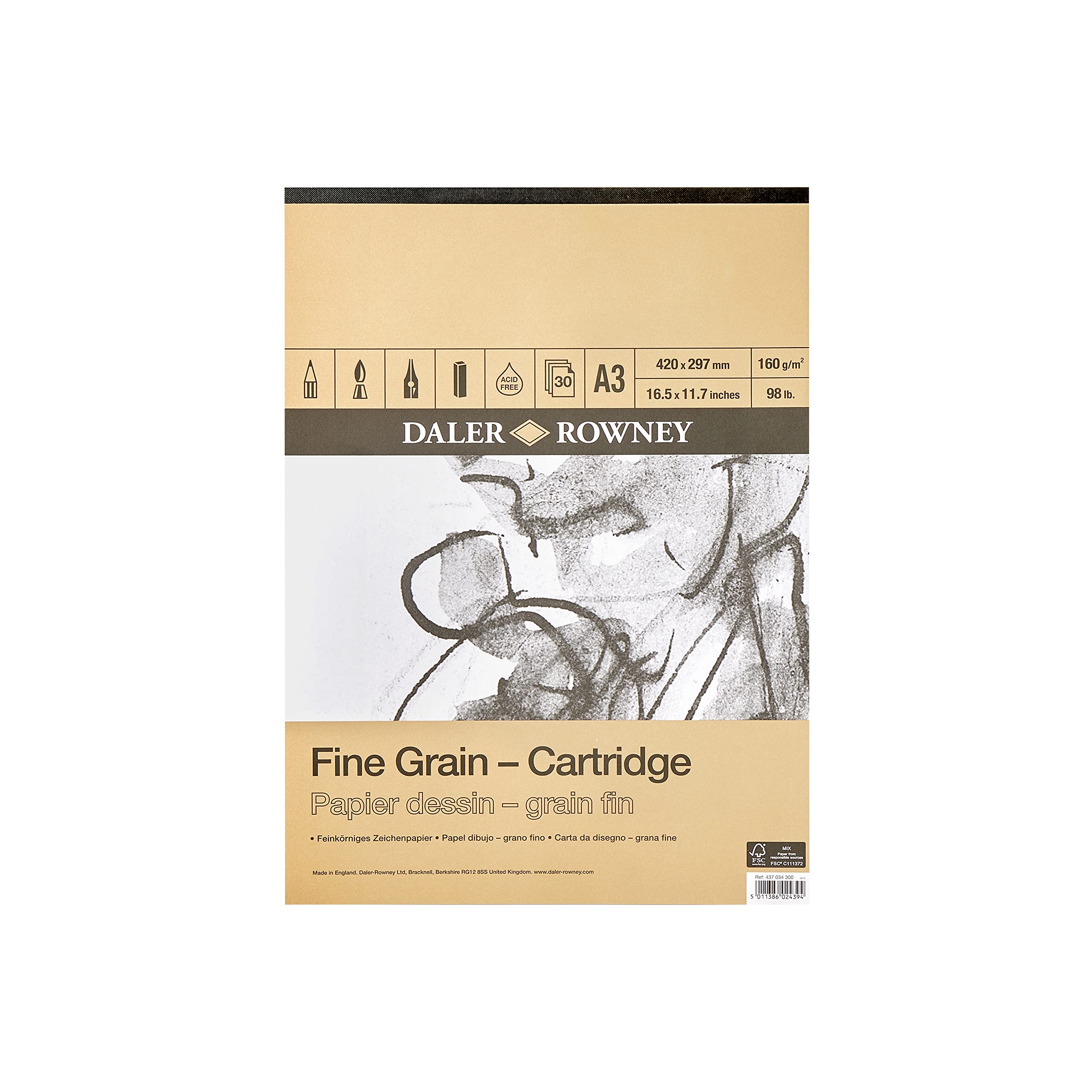 Daler Rowney White Daler-Rowney Fine Grain Drawing Paper, Lightly Textured, 160 Gsm, 98Lb, Pad, Glued 1 Side, Cartridge, A3 - Approx. 11.7 X 16.5In - 29.7 X 42 Cm, 30 Sheets