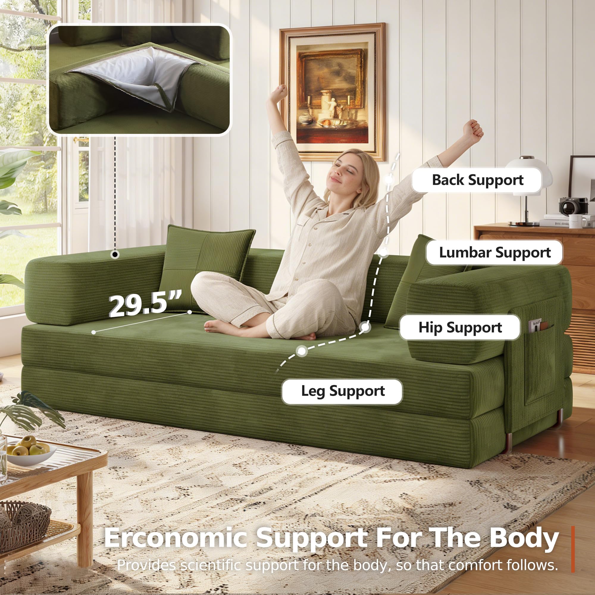 MoonSpeak 78.8'' Futon Sofa Bed, Boneless Couches for Living Room | Corduroy Convertible Futon Sofa Bed with Storage Pocket, Modular Sleeper Couch in a Box, No Assembly (Green)