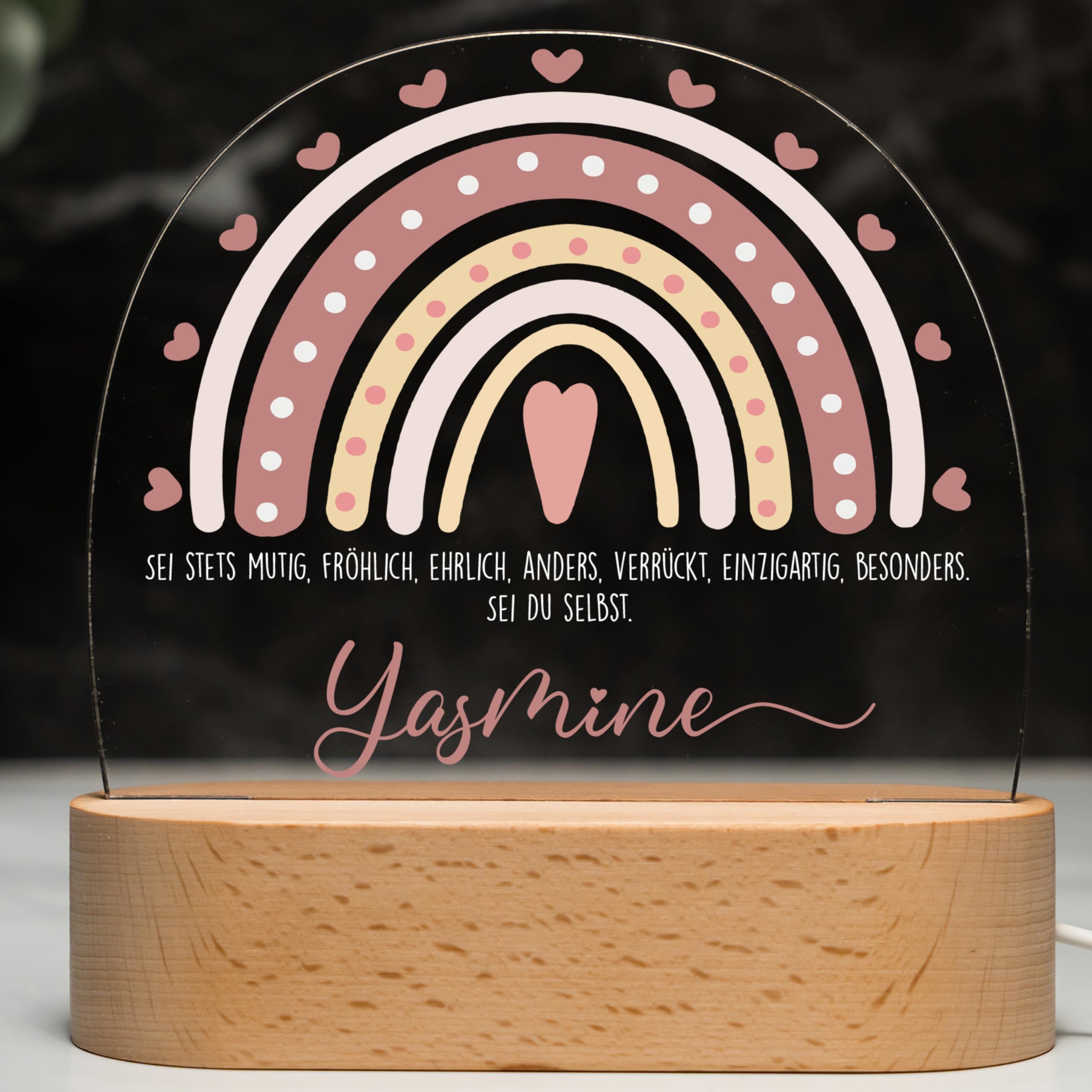 Kidsmood Nachtlicht Baby Holz - Personalisierte Nachttischlampe Kinder mit Namen, LED dimmbar, GREENGUARD - Stilllicht & Babyzimmer Deko, Geschenk Geburt, Taufe Mädchen Jungen [Rosa Regenbogen]