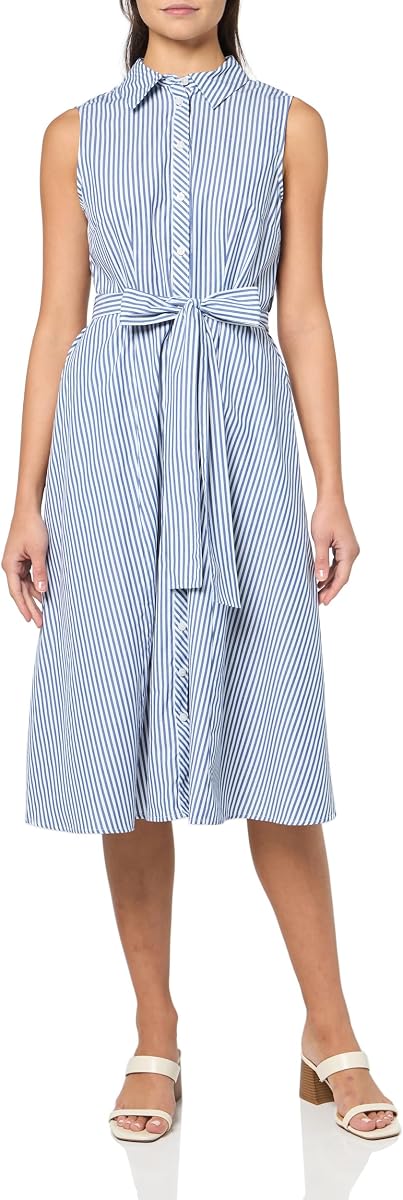 Women's Sleeveless Collared Button Front Tie Waist Midi Shirt Dress