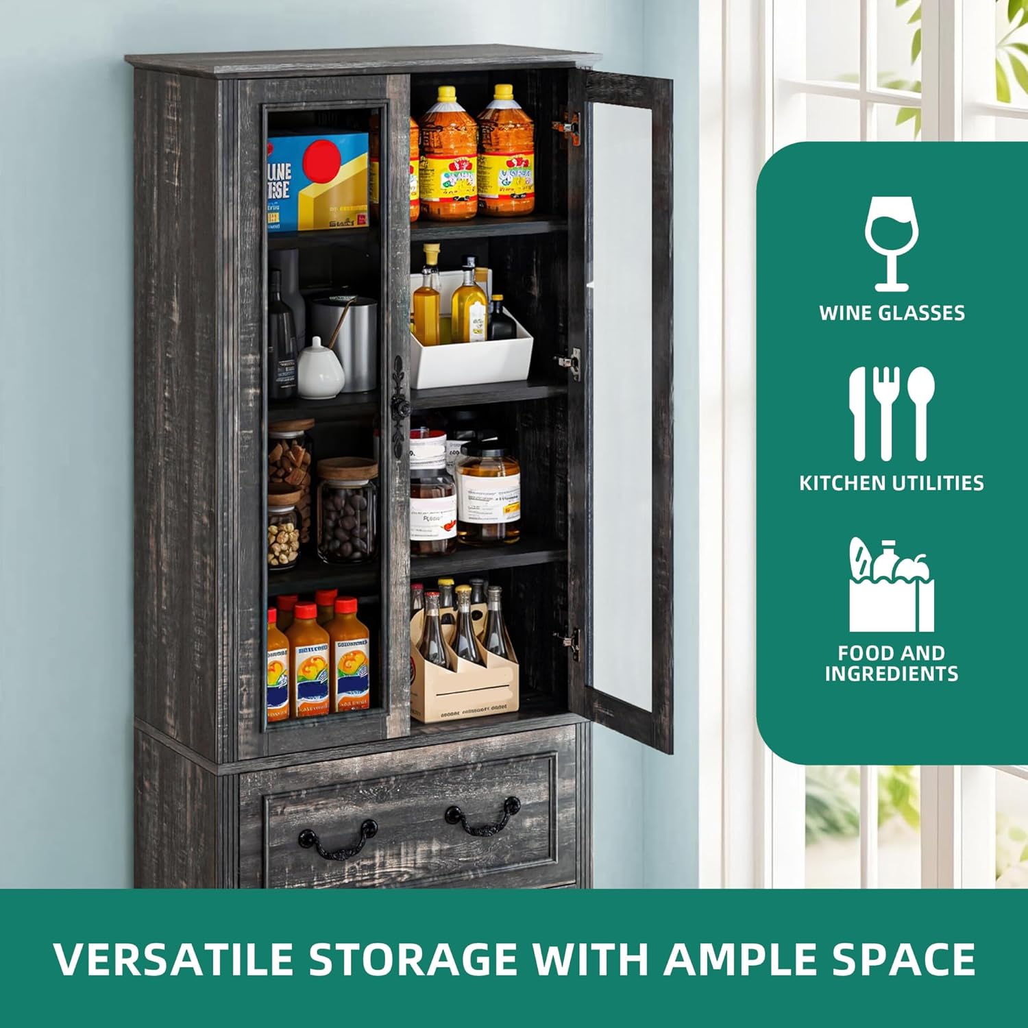 YITAHOME 76'' Kitchen Pantry Cabinet with 2 Drawers, Tall Storage Cabinet with Glass Doors & Adjustable Shelves, Freestanding Display Curio Cabinet for Collectibles, Living Room, Dark Rustic Oak