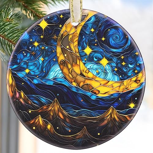 Adorno navideño 2024 Decoración navideña redonda de cerámica para árbol Idea de regalo para amigos, intercambio, estrella lunar retro