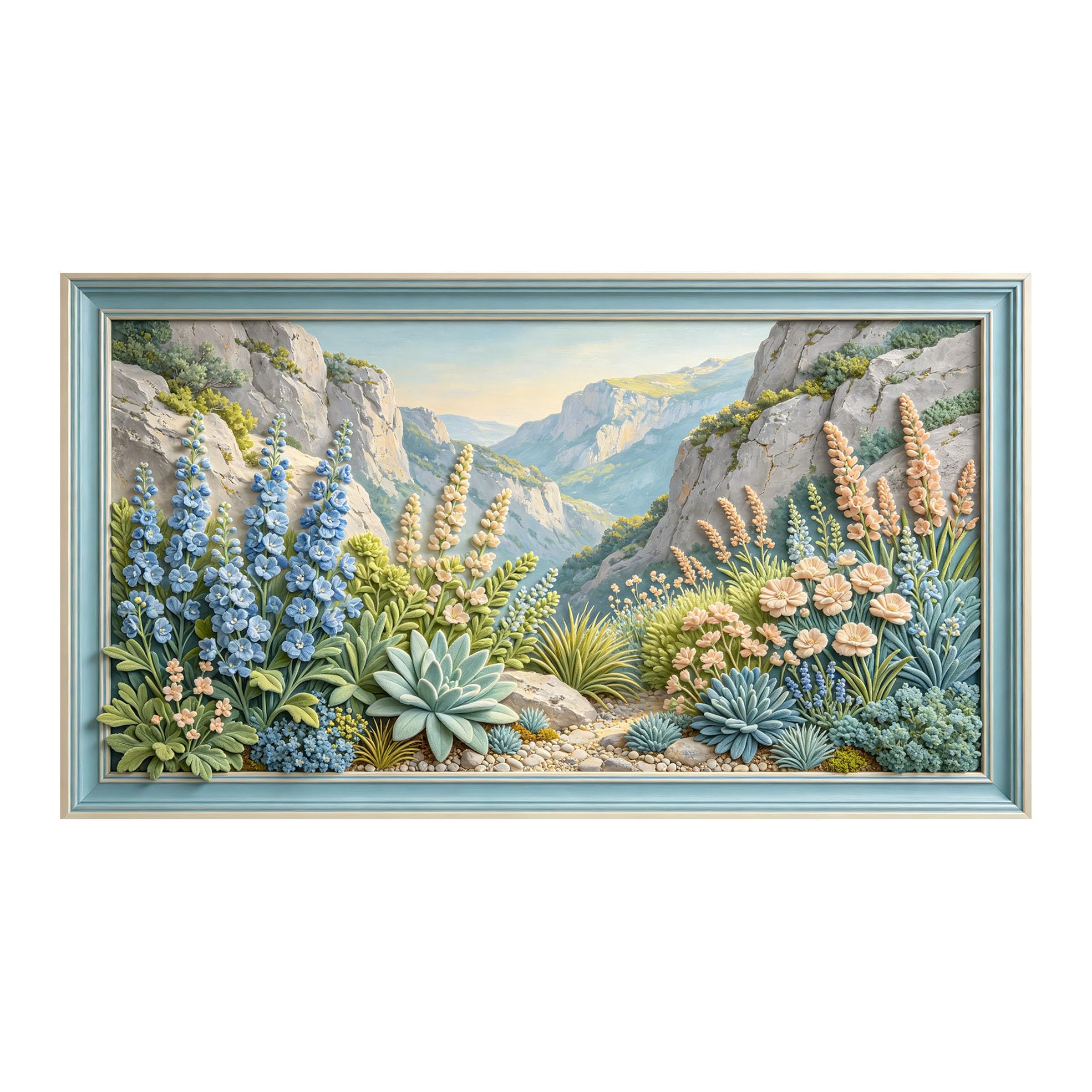 Murasolite 3D Framed Wall Art Mountain Valley Botanical Landscape Relief Effect SelfAdhesive Fabric Mural Wall Decor， Peel and Stick No Damage to Wall， AntiFall Safe Design for Bedroom Living Room