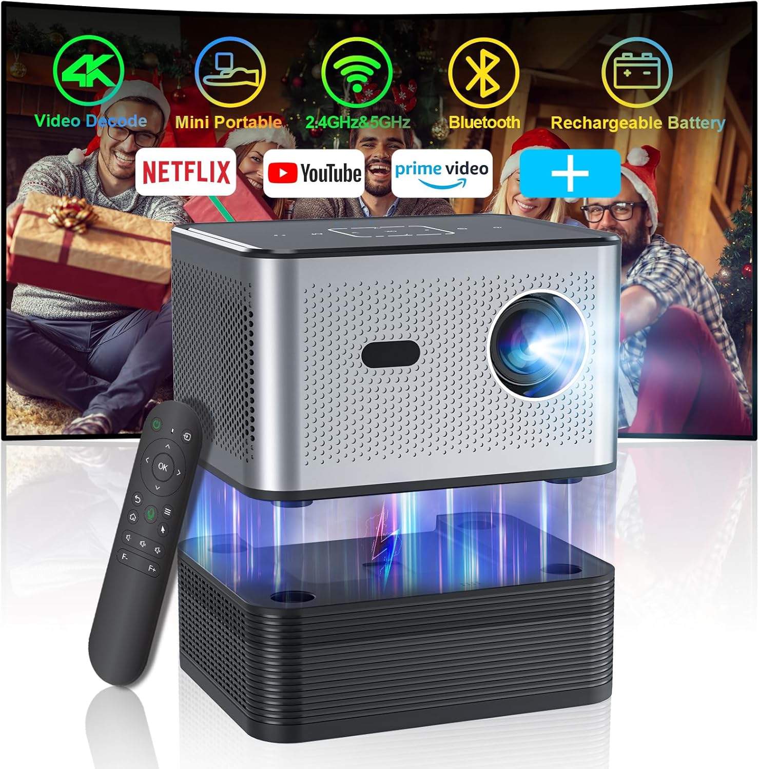 [Battery Powered & Electric Focus & 4K Video Decode Support] XNANO Outdoor Mini Projector with 5G WiFi and Bluetooth, Portable Smart Movie Projector for iOS/Android/TV Stick, Built-in More Apps Grey