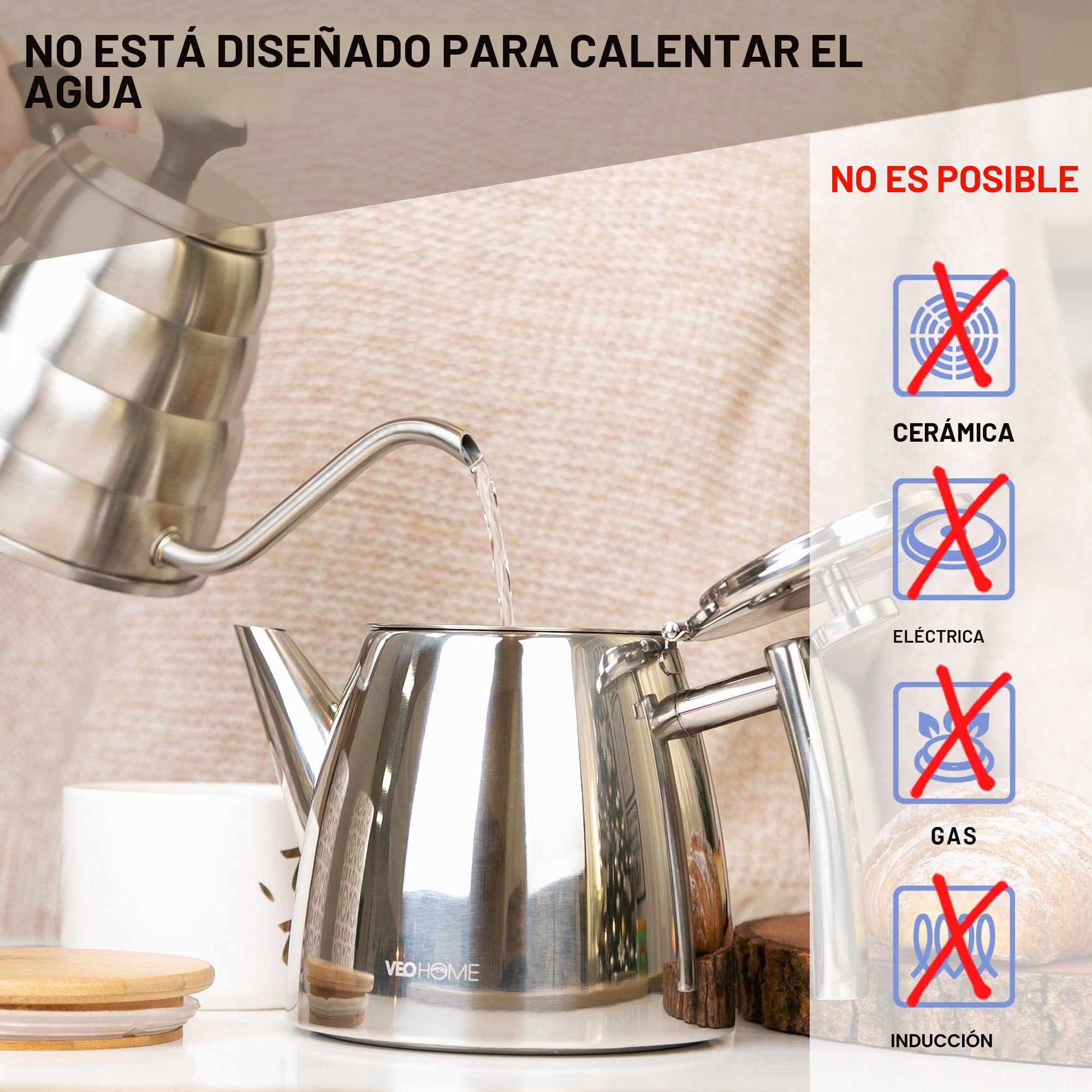 Tetera de Acero Inoxidable VeoHome 1L con Infusor - Doble Pared Aislante para Conservar el Calor