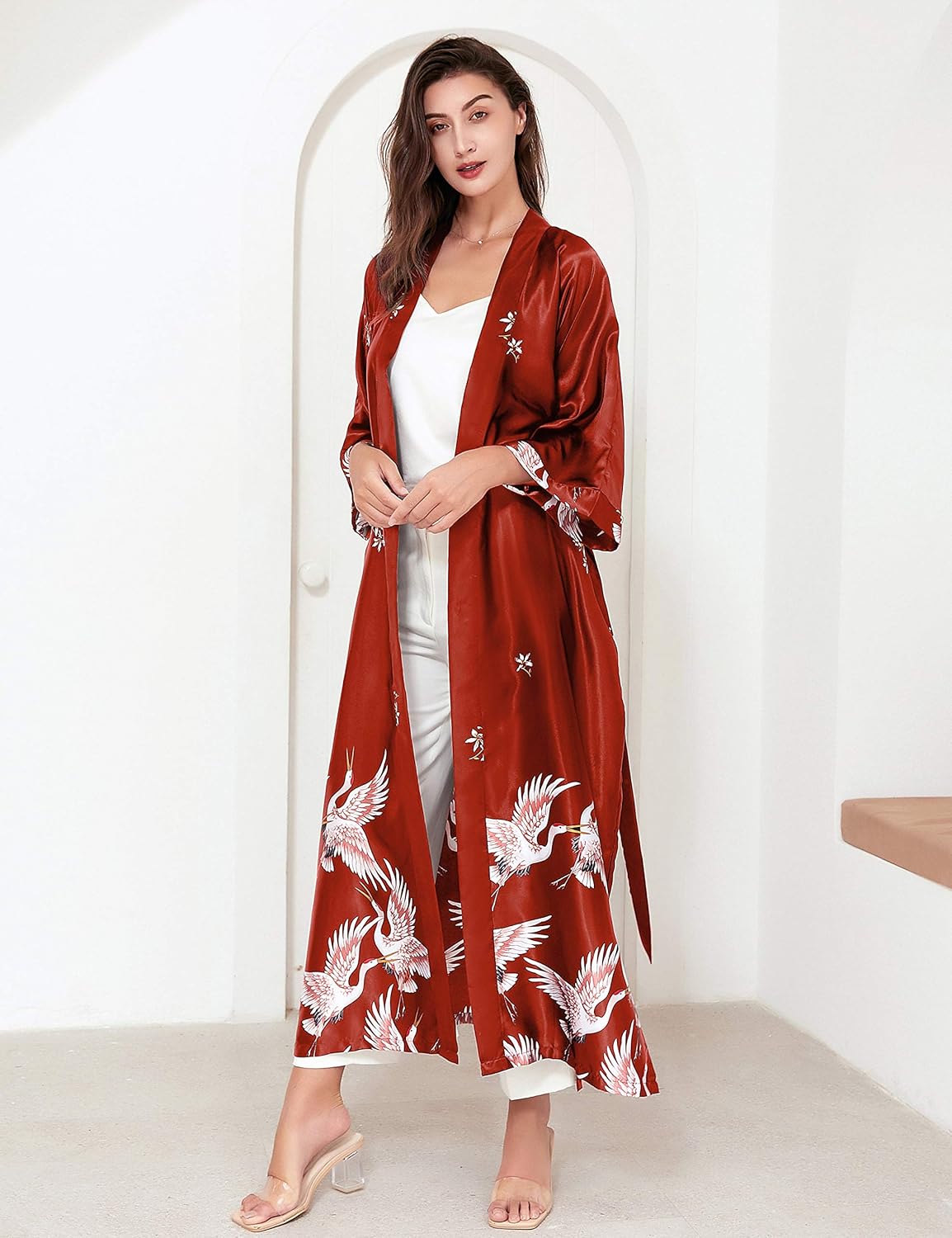 PRODESIGN Long Kimono Robe Satin Sleepwear Blouse Bathrobe Nightgown Silky Crane Kimono Cardigan Robe - Image 3