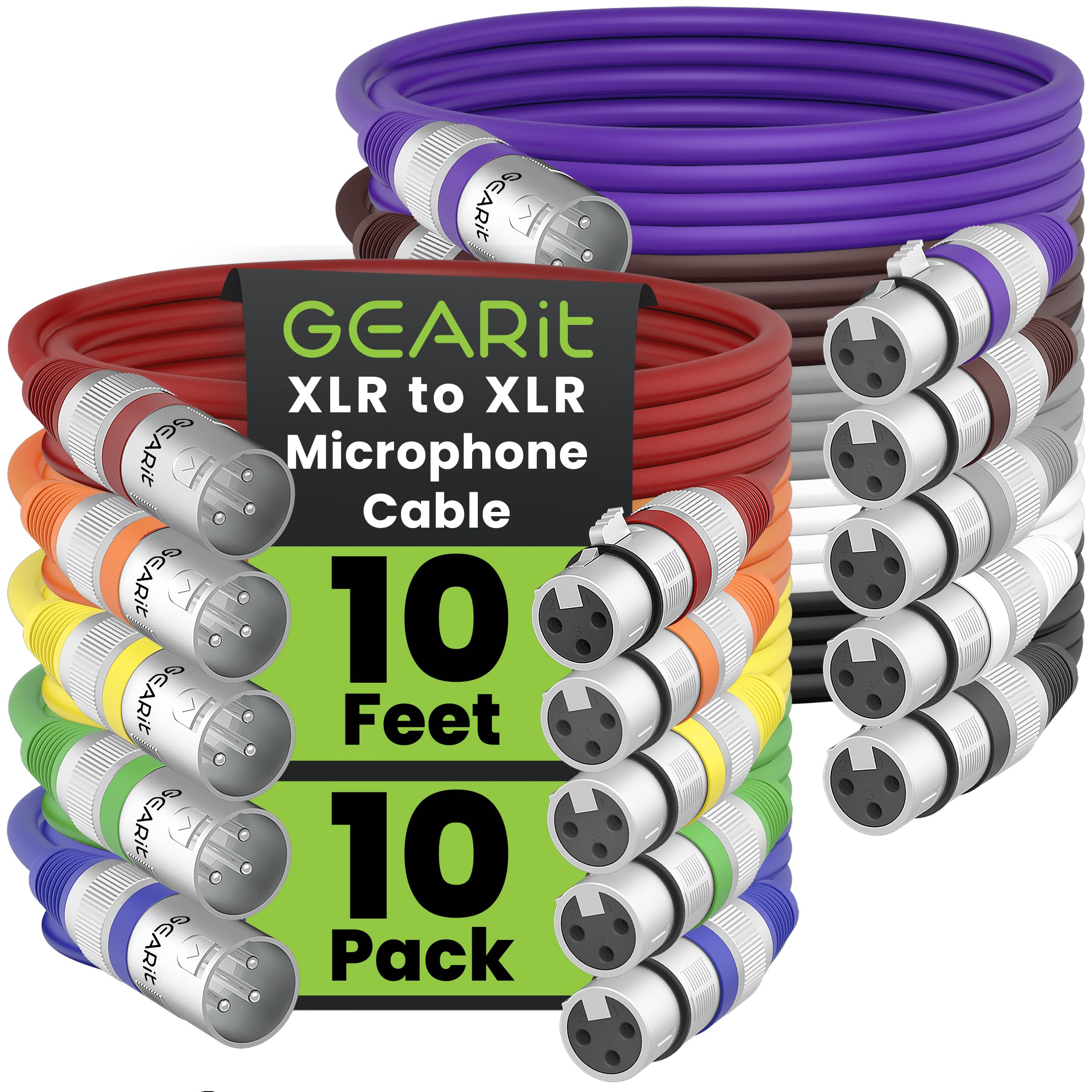 GEARit XLR Male to Female Microphone Cable (10 Feet, 10 Pack) 3-Pin Balanced Shielded Mixer, Recording Studio, Podcast - Multi Colored