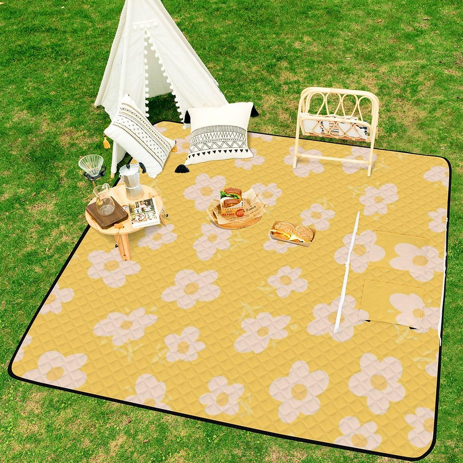 3D Stampa Amorely Yellow And White Fiori Coperta Picnic Impermeabile Stuoia Spiaggia Pieghevole Coperta Da Picnic Per Pic-nic, Spiaggia, Campeggio, Parco, Giardino, Estate 200x200cm