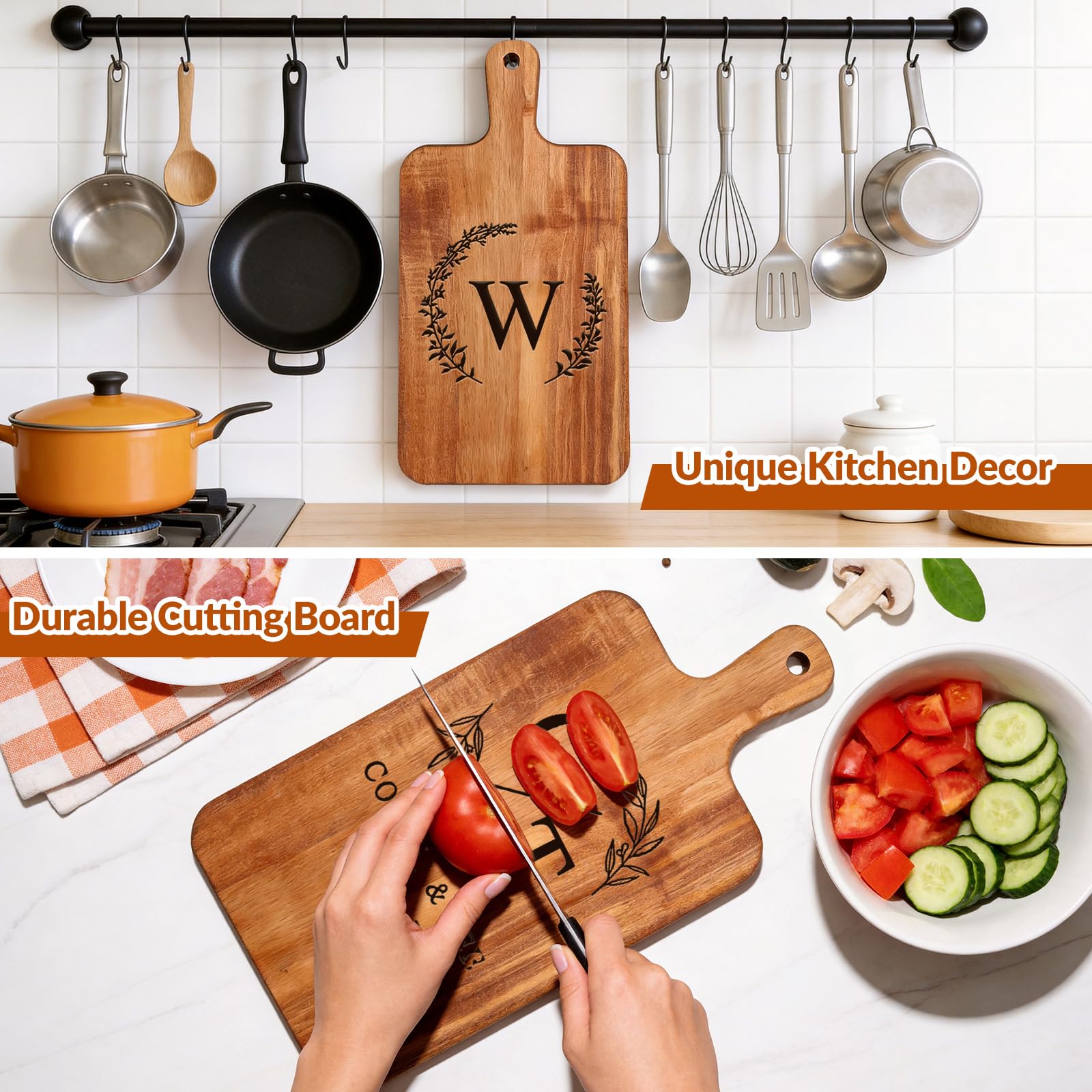 Tabla de cortar de acacia personalizada con asa, tabla de queso con nombre grabado personalizado, para charcutería, carne, pizza, pan, verduras, regalos para mamá, esposa, familia, amigos