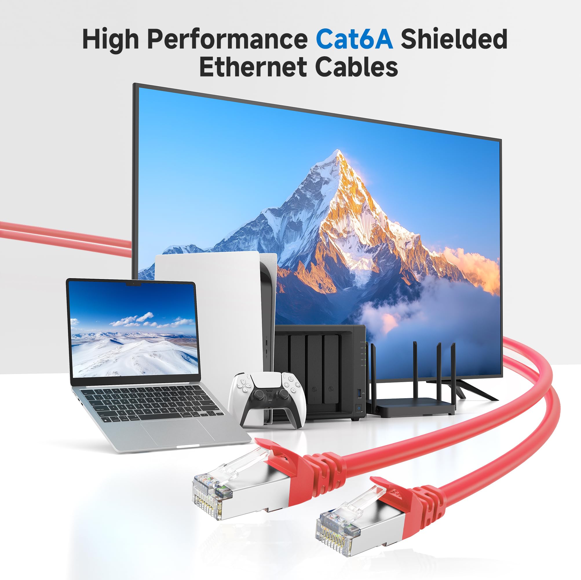 Cable Matters Cavo Ethernet Cat 6A schermato lungo da 10 Gbps, 61 m, cavo Cat 6A, cavo Cat6A, cavo Ethernet, rosso