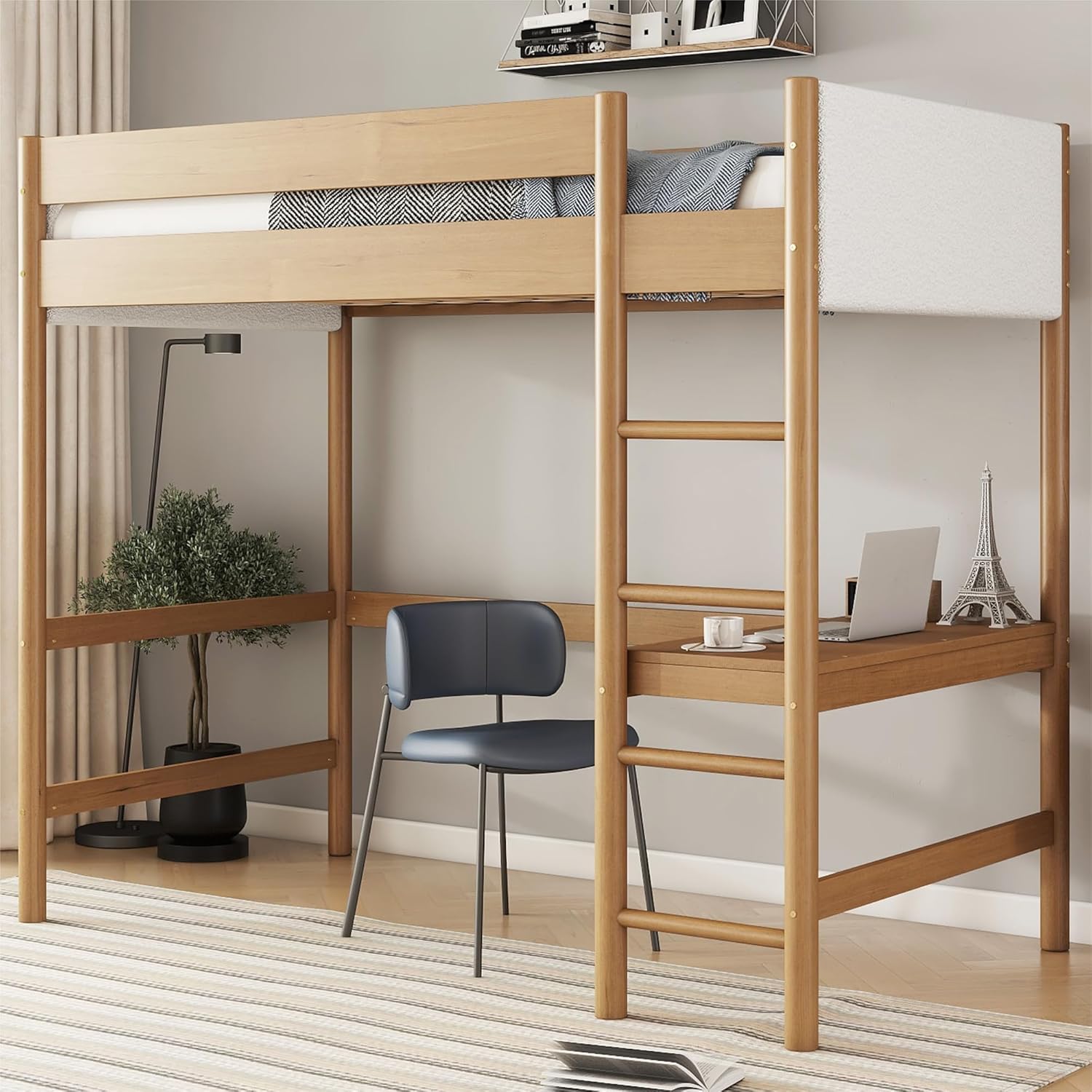 Wood Loft Bed Twin Size with Desk, Loft Bed Frame with Storage Shelves and Upholstered Headboard, Space-Saving, No Noise, Natural