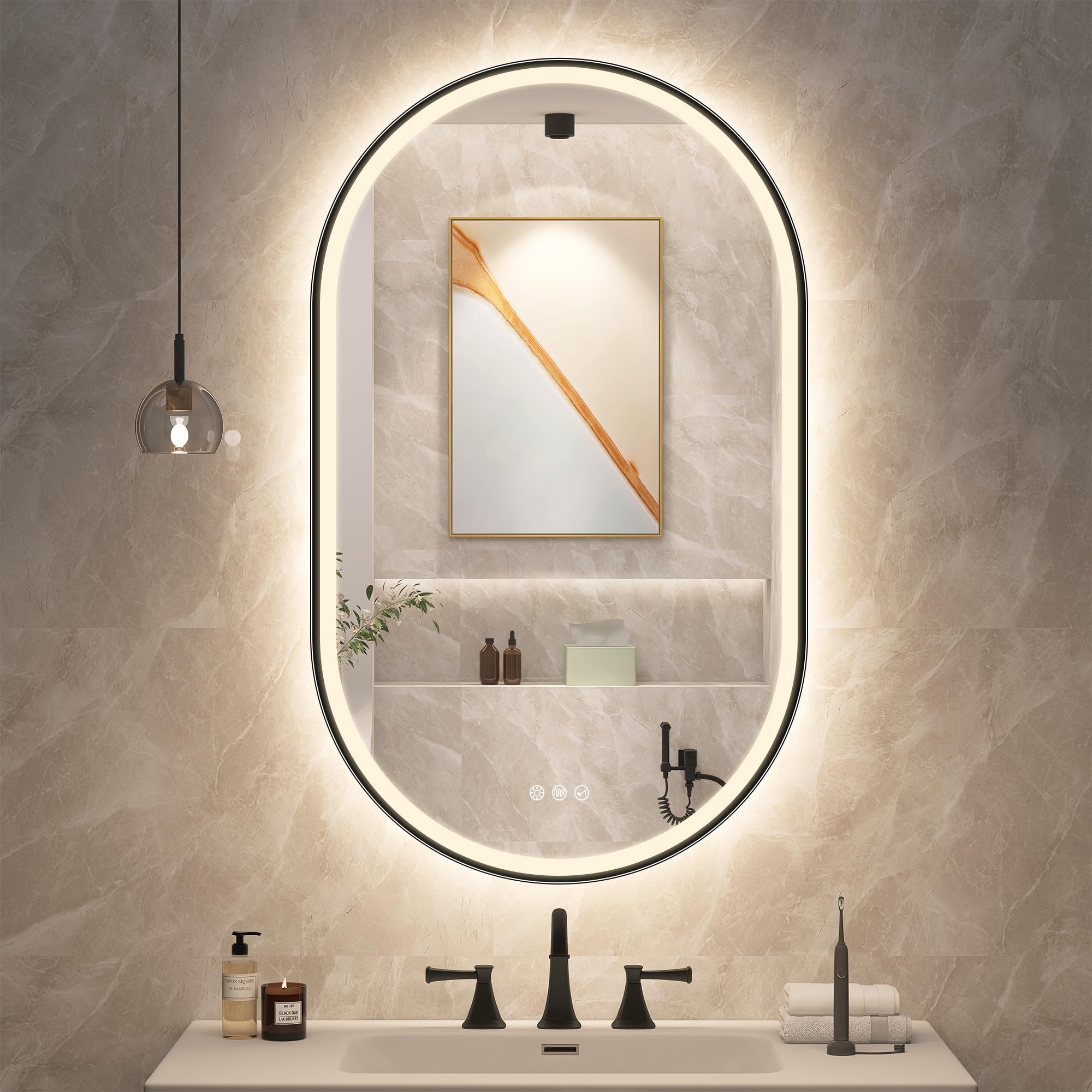 STARLEAD 1000x600 mm Oval-Bathroom-Mirror-with-LED-Lights and Bluetooth, LED-Bathroom-Mirror with 3 Colours Dimmable, Defogging, IP44, HD Tempered Glass, Horizontal/Vertical, Black Paint — image 1