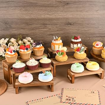6 Pcs Wood Risers Display Stands, 2 Set Wooden Risers for Table Display, 3 Tier Rectangular Riser Display Stand Wooden for Cupcake, Desserts, Perfume, Collections, Jewelry Showcase