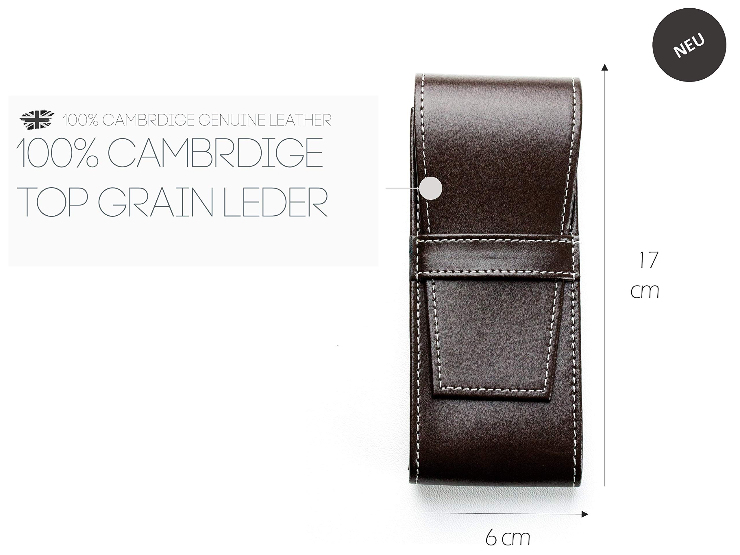 DELMON VARONE - Personalisierbares Schreibgeräteetui Cambridge Top Grain Leder Braun, Echtleder Stifteetui mit Verschlusslasche für 3 Schreibgeräte, Federtasche für Kugelschreiber, Bleistift & Füller