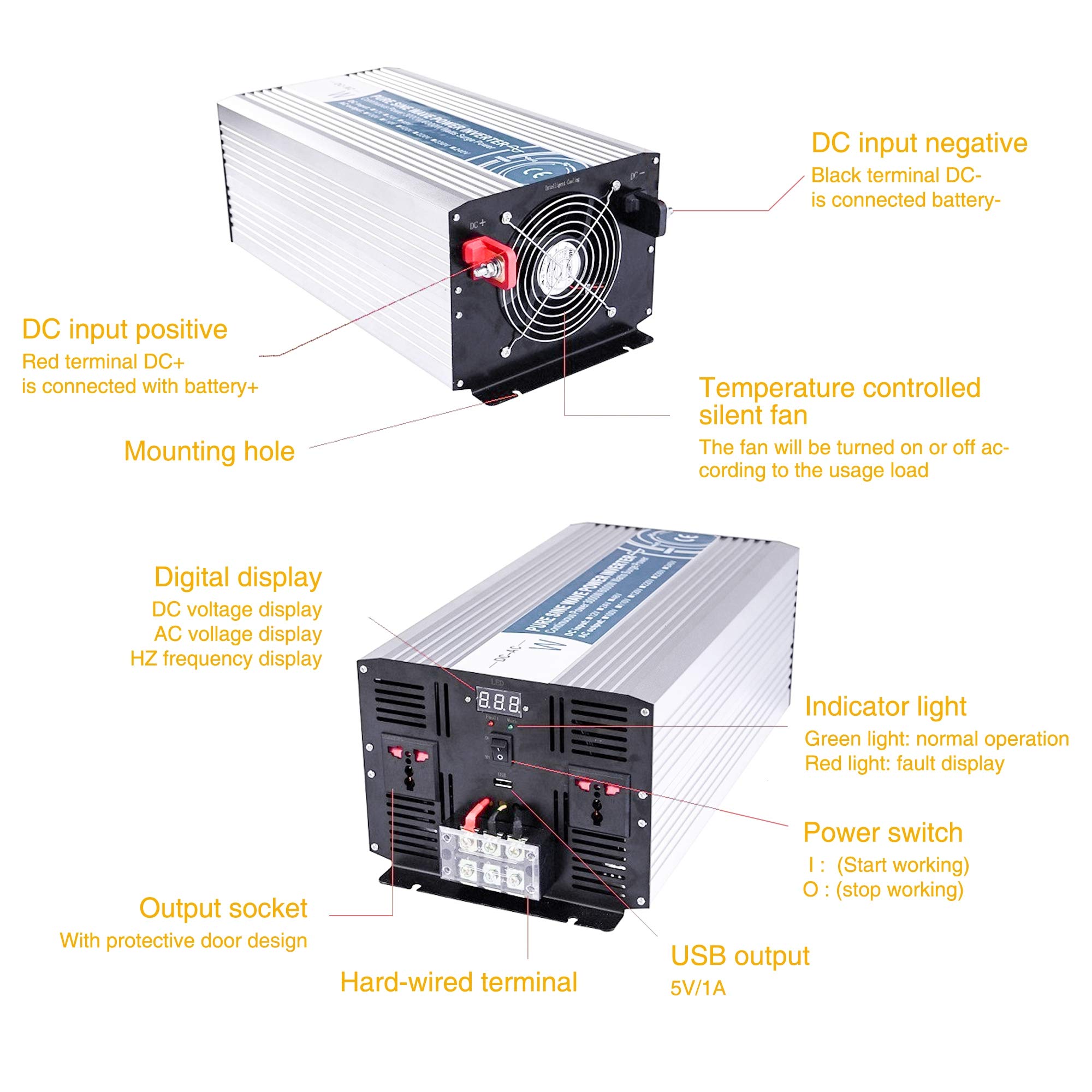 Reiner Sinus Wechselrichter, 3000W/4000W/5000W/6000W/8000W, DC zu AC Wechselrichter, Fest Verdrahteter USB-Anschluss Zwei Wechselstromsteckdosen, für Car Home Solar
