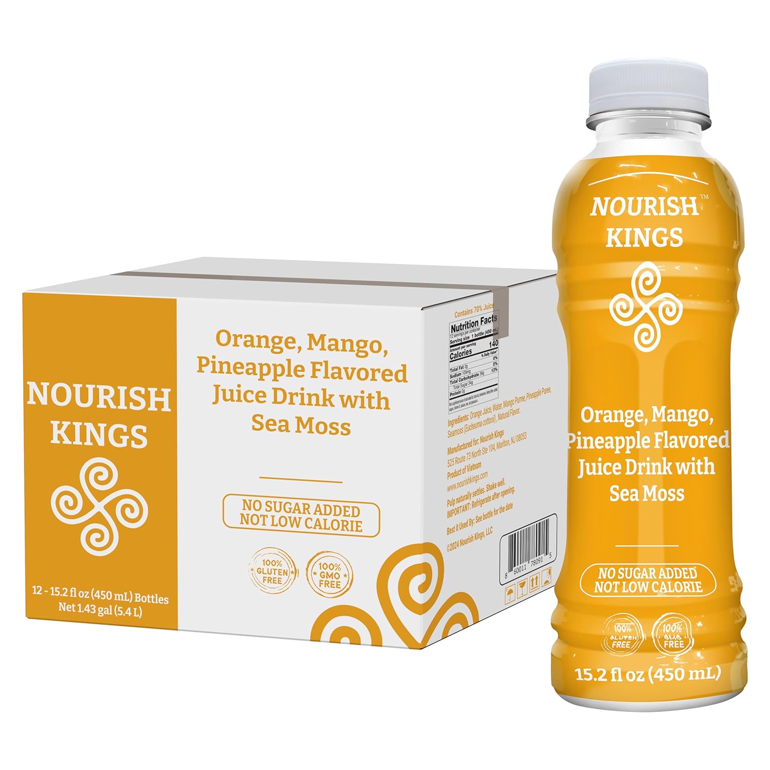 Nourish Kings- Sea Moss drink with Mango Pineapple and Orange Juice, No Added Sugars or Preservatives, 12 pack of 15.2 Fl oz Bottles