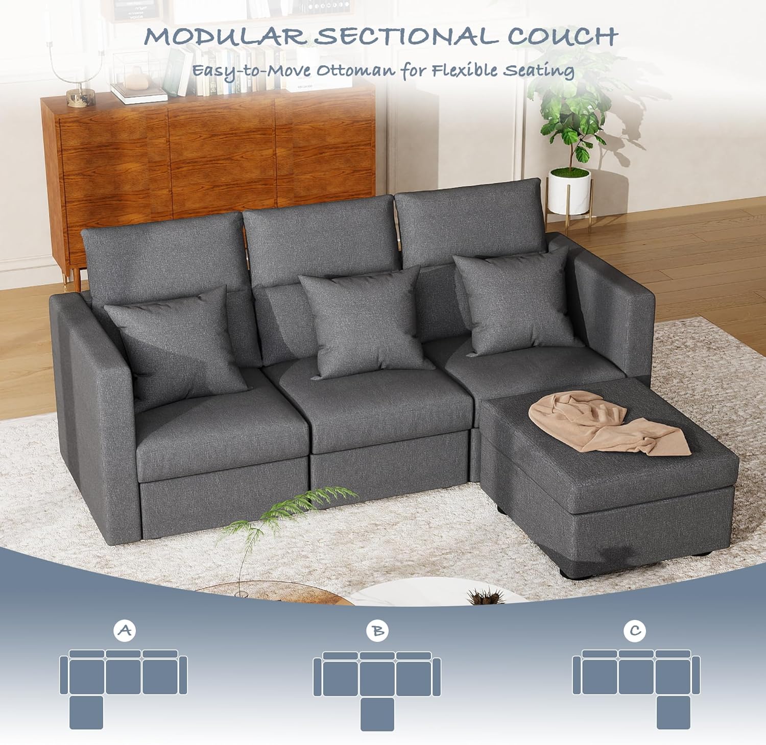 Grey Modular Sectional Couch: 57" Loveseat Sofa Set for Living Room, Modern Comfy Sofa with Ottoman, Linen Sectional Deep Seat Couch for Apartment