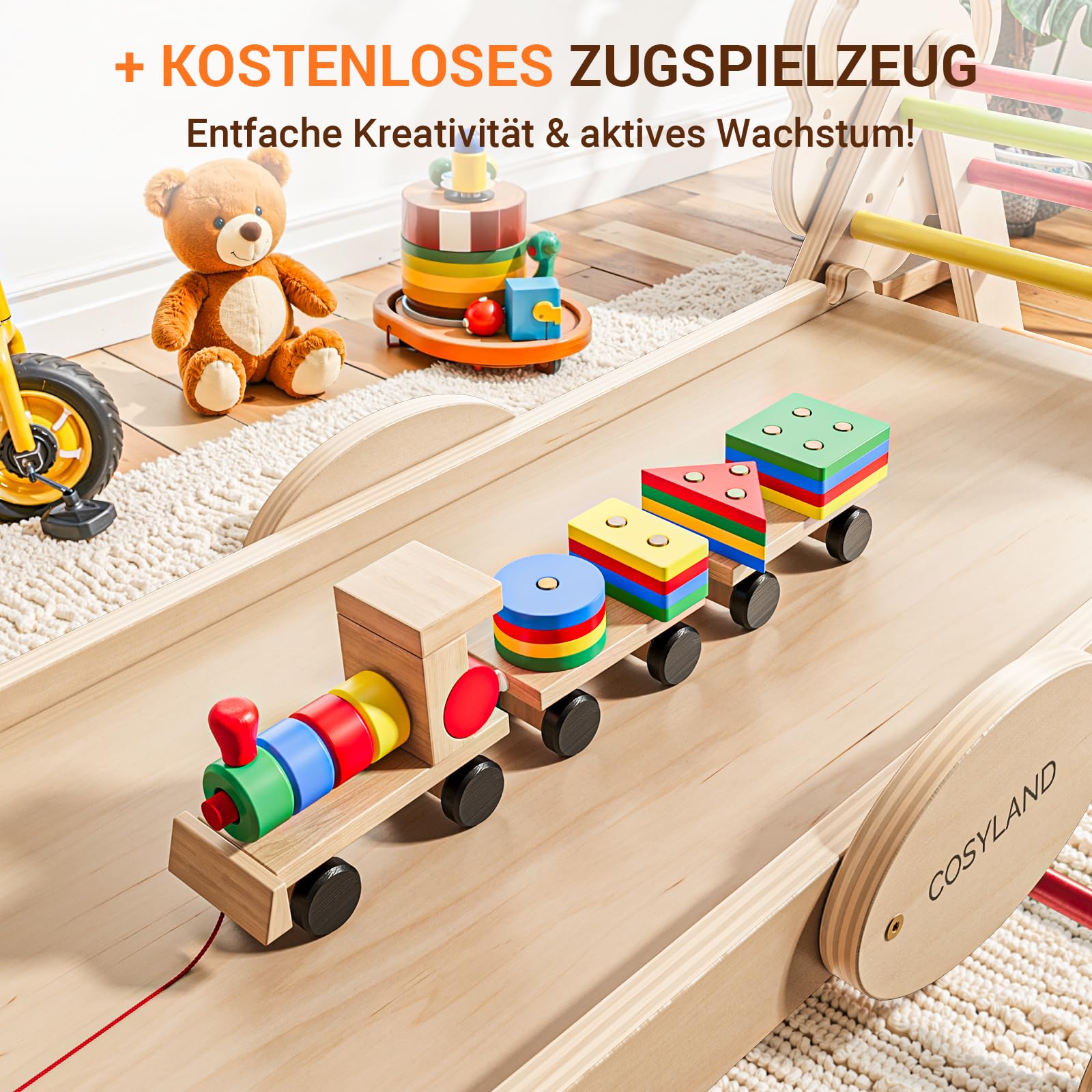 COSYLAND Klettergerüst Indoor L - Montessori Indoor Spielset mit Kletterbogen & Rutsche -8-in-1 Massivholz-Spielplatz - Kletterbogen ab 1 Jahr - Warmfarben