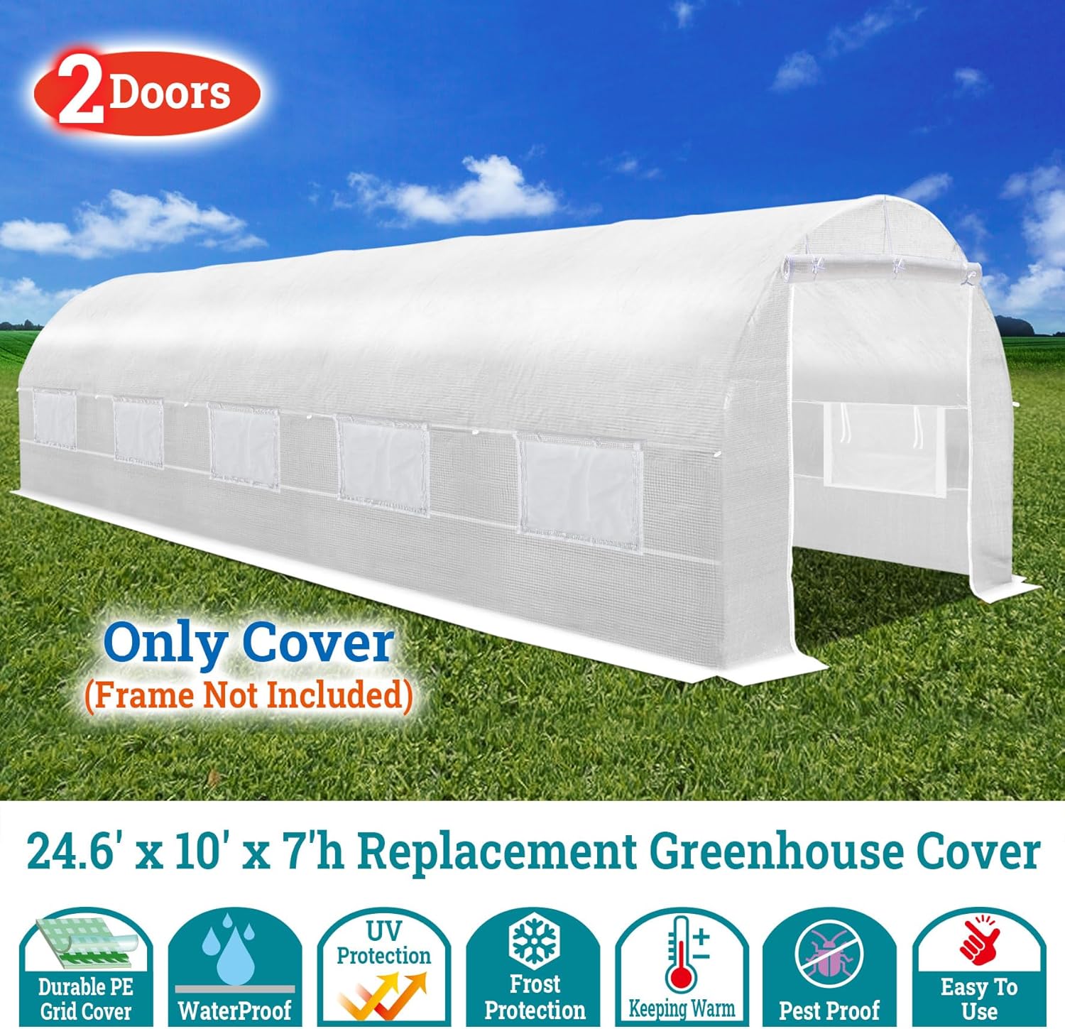 YardGrow 2-Doors Replacement Greenhouse Cover for Larger Walk in Outdoor Yard Plant Gardening Hot House, Cover ONLY (24.6'x10'x7', White)