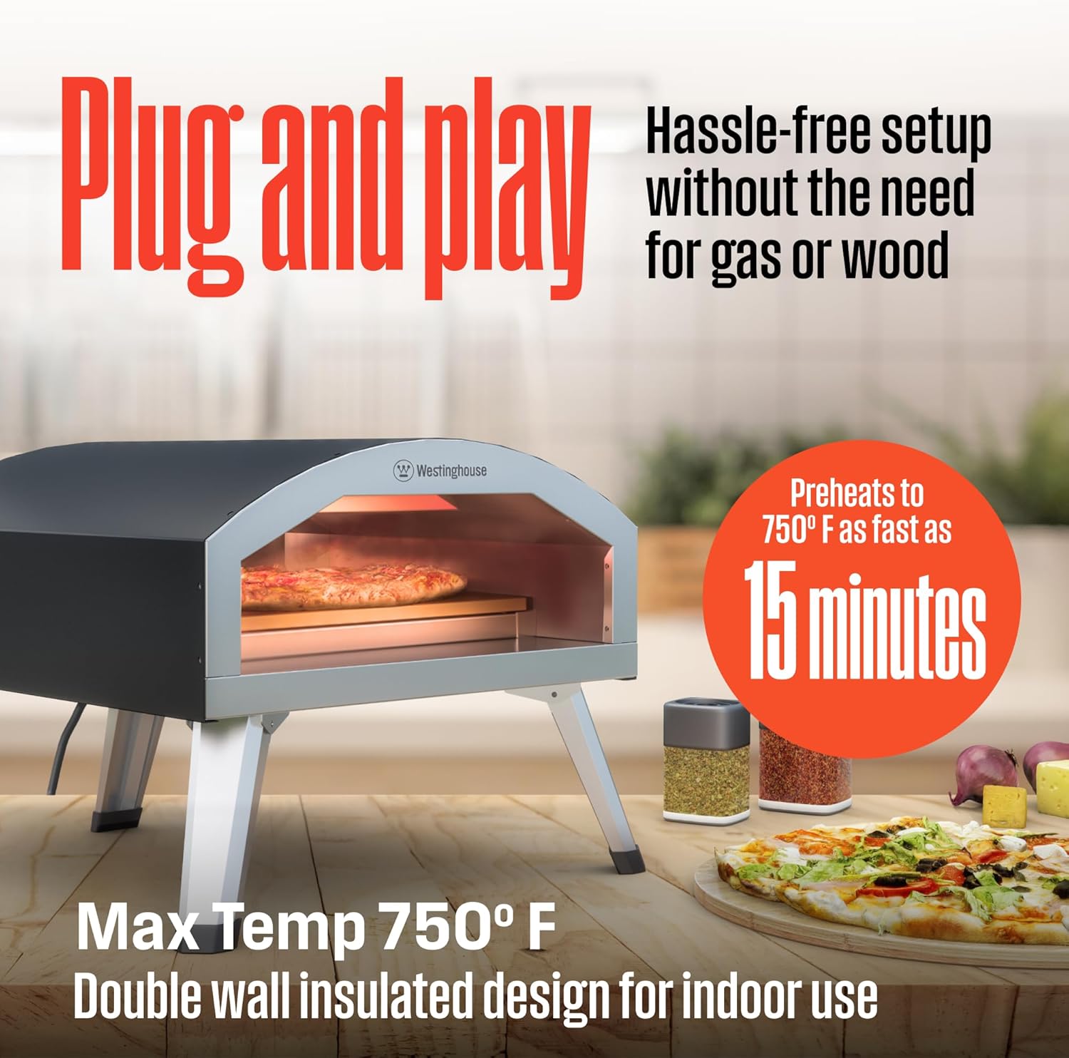 Westinghouse Electric Pizza Oven with 'Plug and Play' and 'Preheats to 750F' text