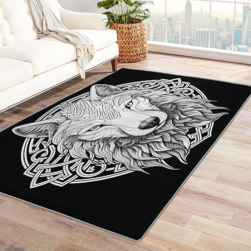 Alfombras de lobo para entrada, dormitorio, sala de estar, alfombras vikingas de 2 x 3, lavables, antideslizantes, suaves, de pelo bajo, para