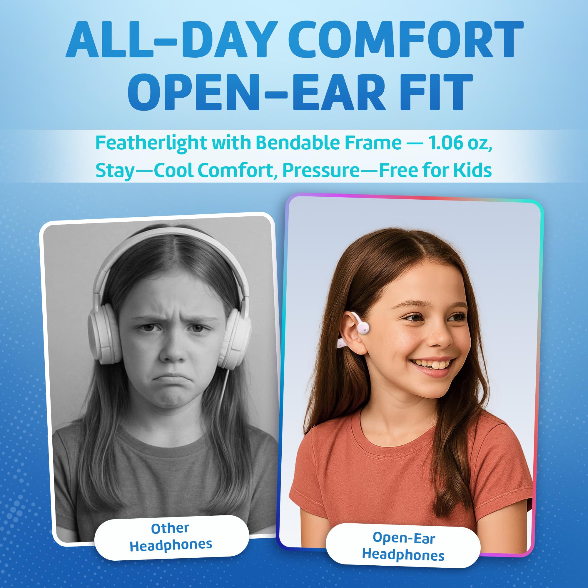 Kinder-Bluetooth-Kopfhörer, Luftleitung, offenes Ohr, Mikrofon/Touch, 85 dB sichere Lautstärke und elterliche Kontrolle, klares Audio, 30 g, robust und langlebig, IP54, 20H, Ohrhörer für Schule/Reisen