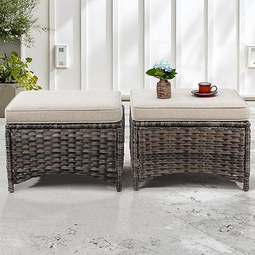 Miniatura 2 de Joyside Juego de 2 otomanos para exteriores para patio, con marco de acero de mimbre de polietileno, reposapiés para exteriores con cojines de