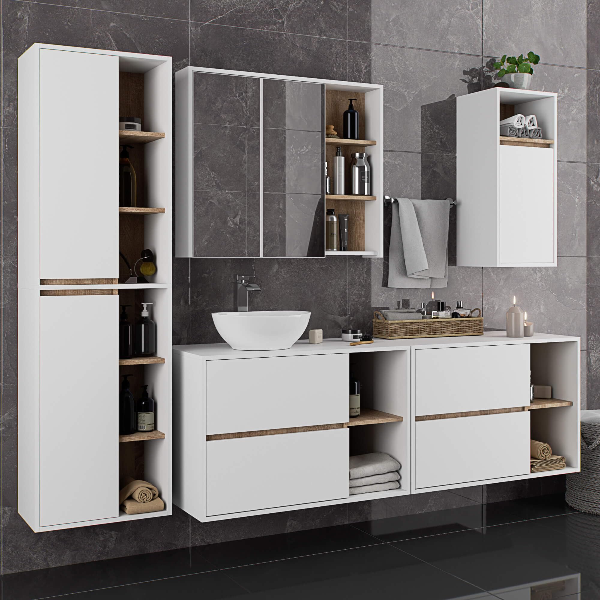 AKORD Colonne Salle de Bain Suspendue VAMI W50 - Meuble Mural 2 Portes, 10 Étagères - Rangement pour Cosmétiques et Serviettes, Fixation Murale - 50x170x30 cm - Blanc & Chêne Sonoma