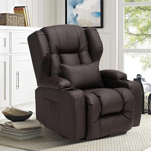 IPKIG Manual Recliner Chair - Swivel Rocker Recliner Chair, Faux Leather Recliner Sofa Chairs with 2 Cup Holders, Lumbar Pillow and Side Pocket for Living Room Bedroom (Brown)
